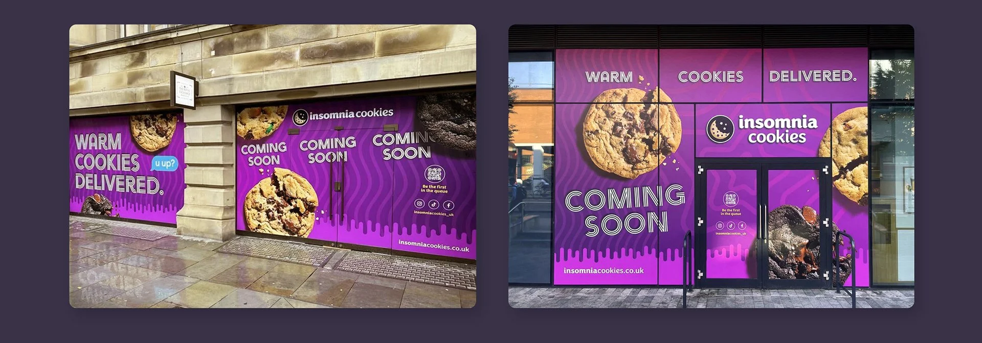 Storefront advertising wall for insomnia cookies with purple background, large cookie images, and text announcing "Warm Cookies Delivered" and "Coming Soon."