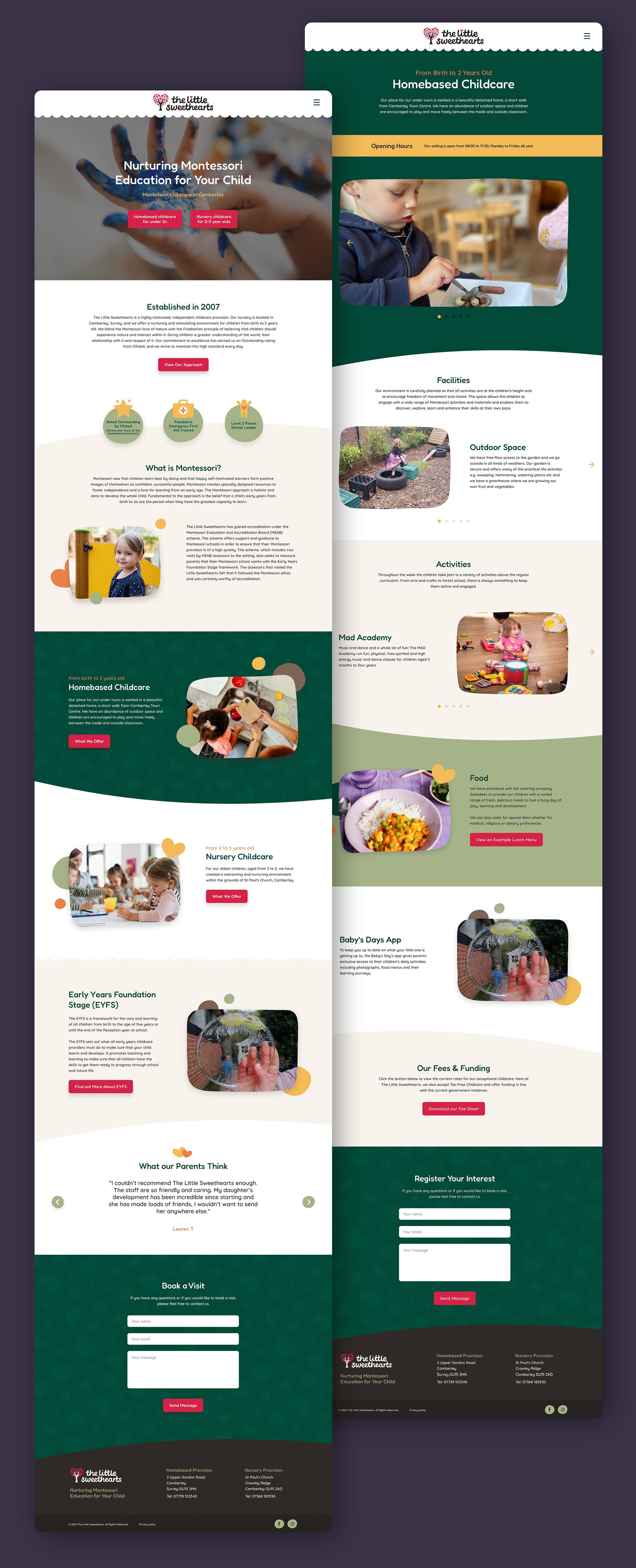 Screenshots of a preschool or childcare center website, featuring sections about homeschooling childcare, nursery childcare, activities, food, and enrollment forms, with images of children engaging in activities.