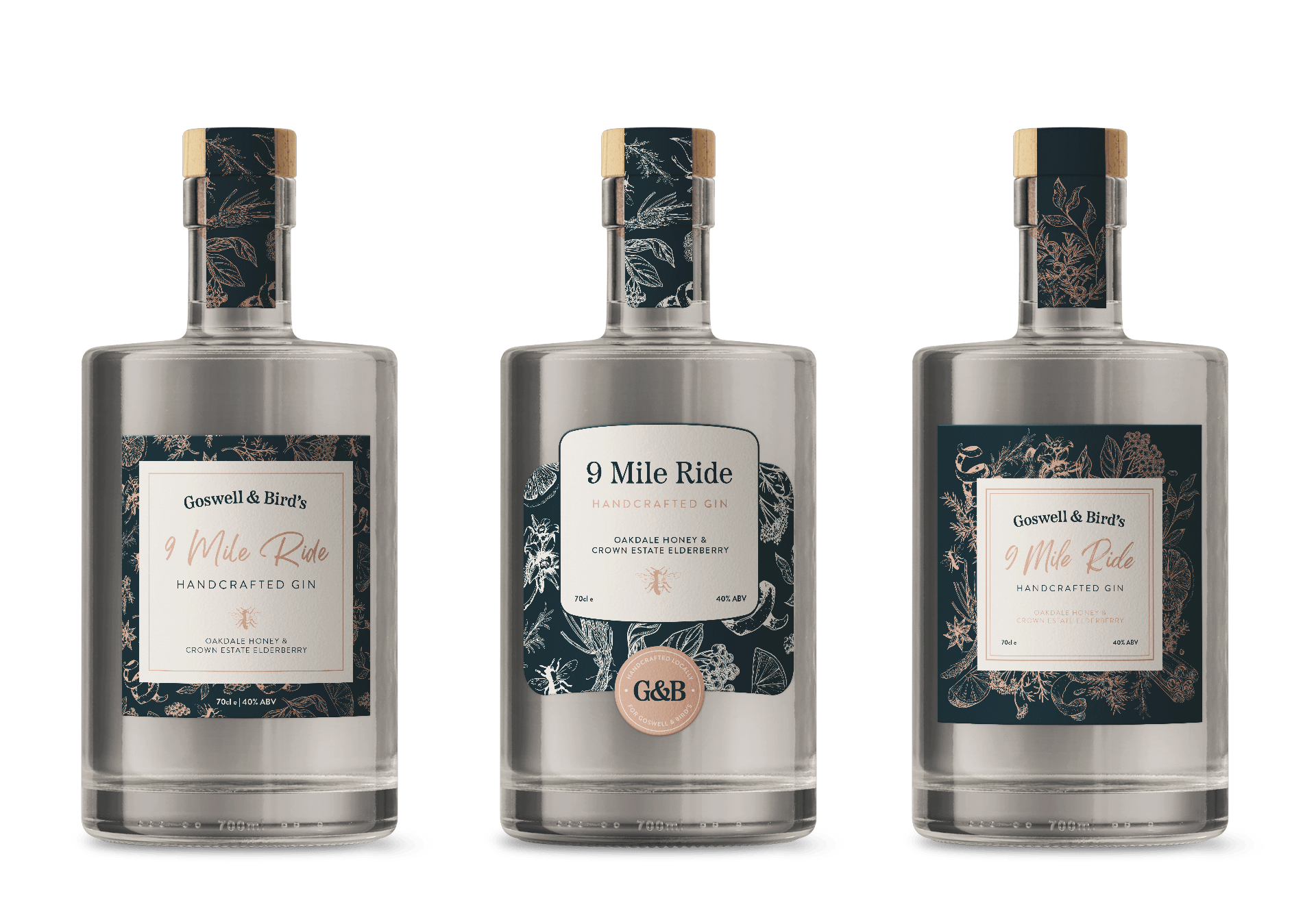 Three bottles of handcrafted gin with botanical and floral labels, including the names "9 Mile Ride," "Goswell & Bird's," and "Oakdale Honey & Crown Estate Elderberry," set against a black background.