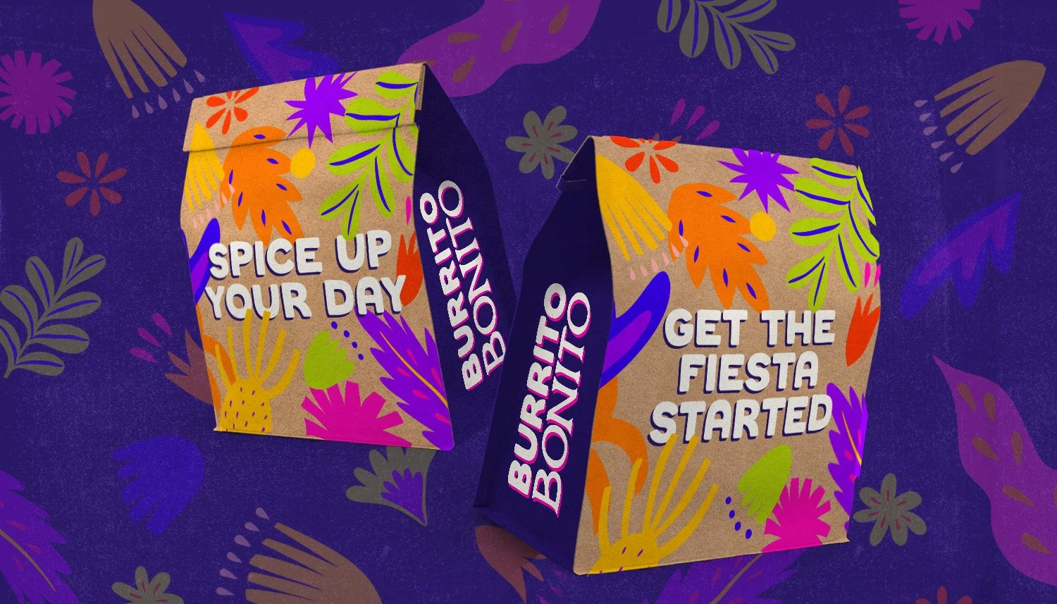 Colorful boxes with fiesta patterns and bold text, one saying "Spice Up Your Day" and another saying "Get the Fiesta Started," surrounded by a vibrant floral and leaf background.