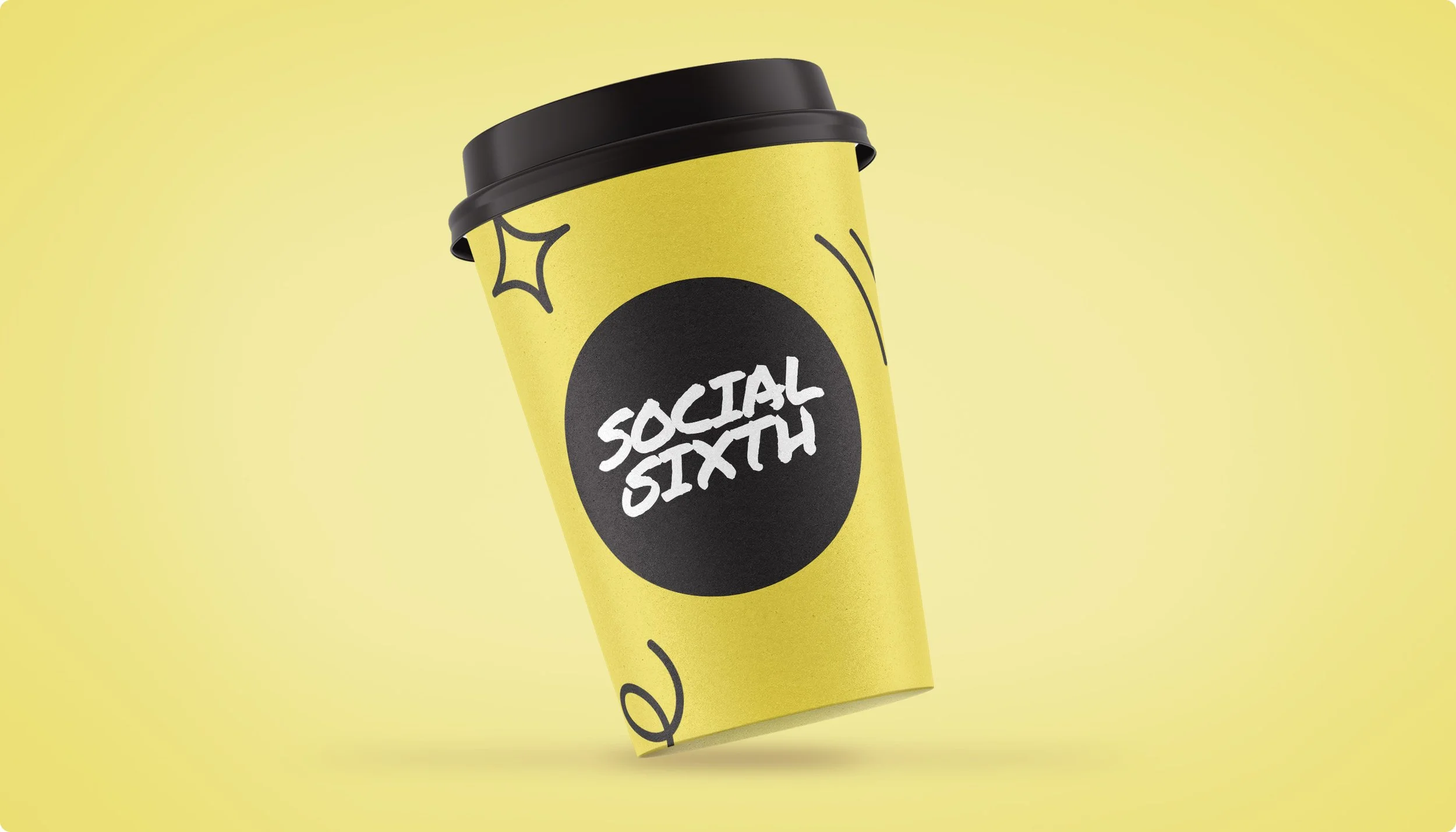 A yellow takeaway coffee cup with a black lid, labeled 'Social Sixth' in white text on a black circle, placed on a yellow background.