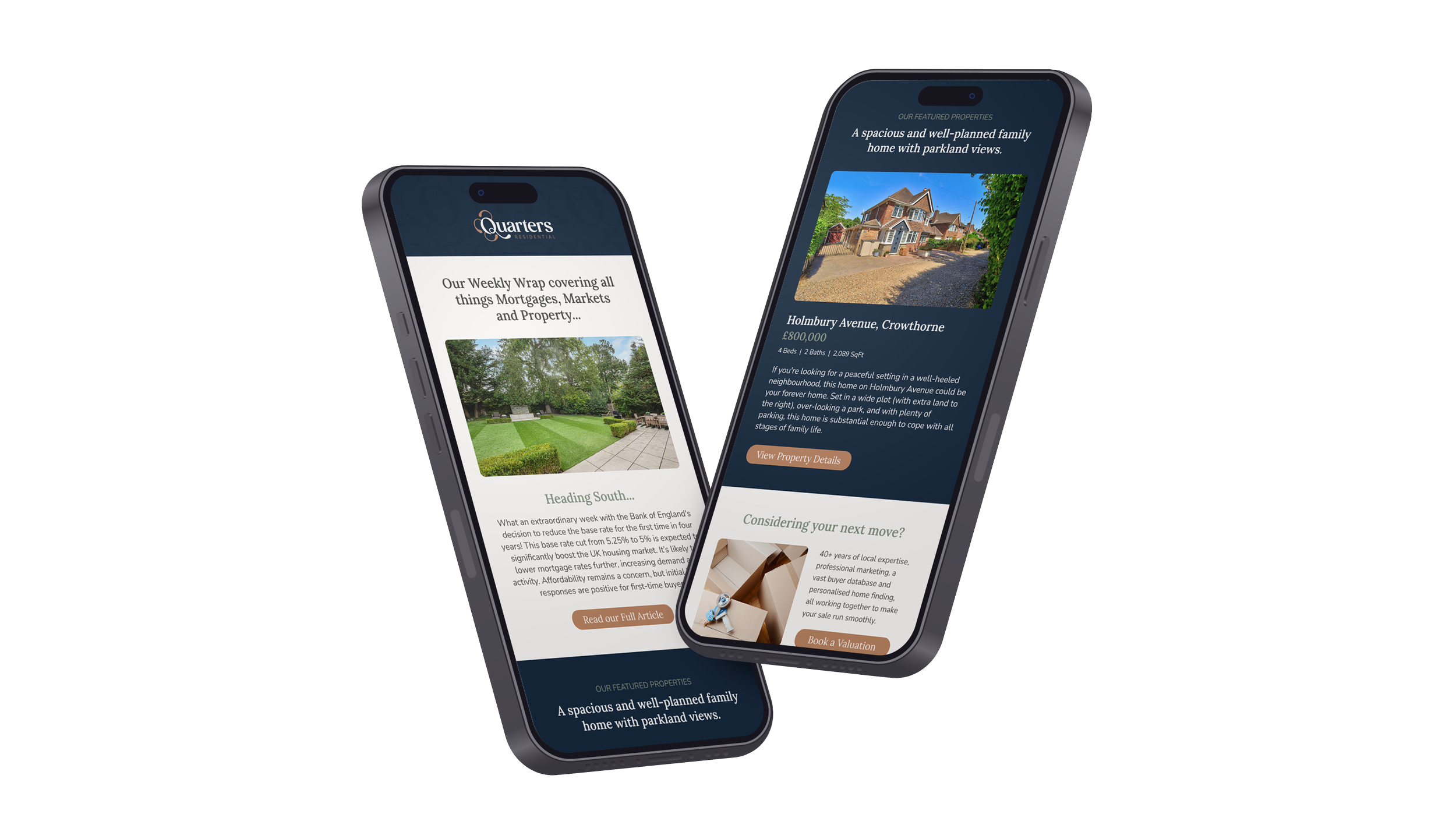 Two smartphones displaying real estate and mortgage website screens, with content about property listings, market updates, and valuation services.
