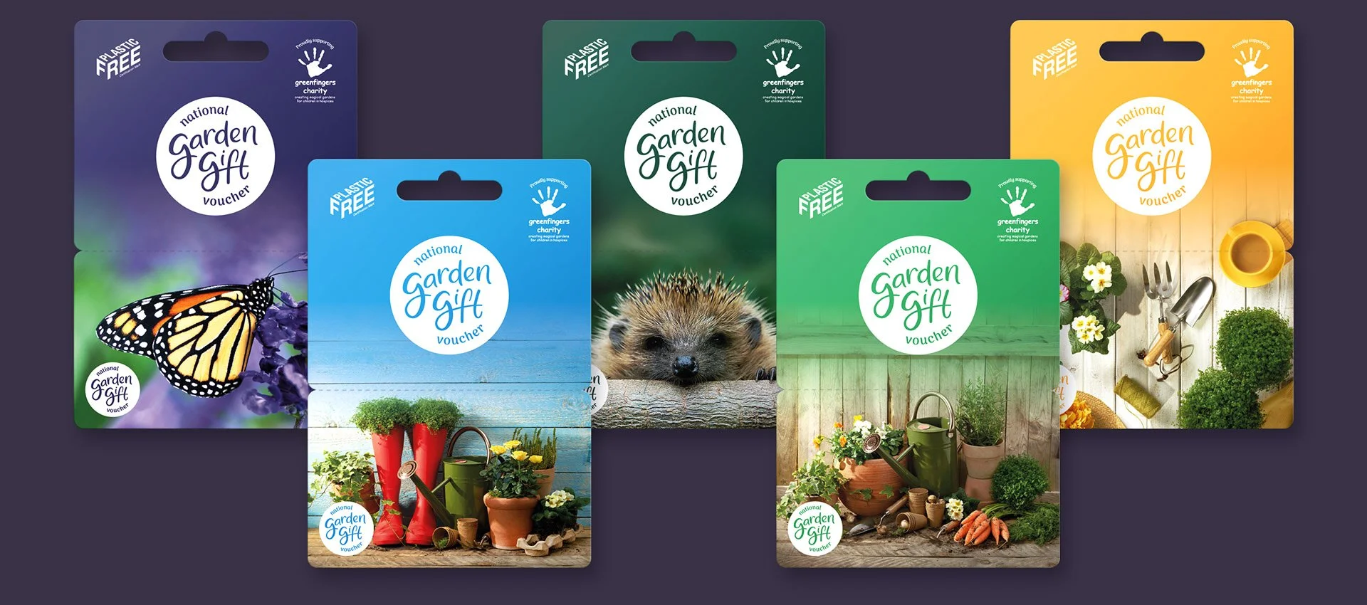 Five gift cards with garden-themed images and the words 'National Garden Gift Voucher' printed on each, featuring butterfly, hedgehog, flowers and gardening tools.