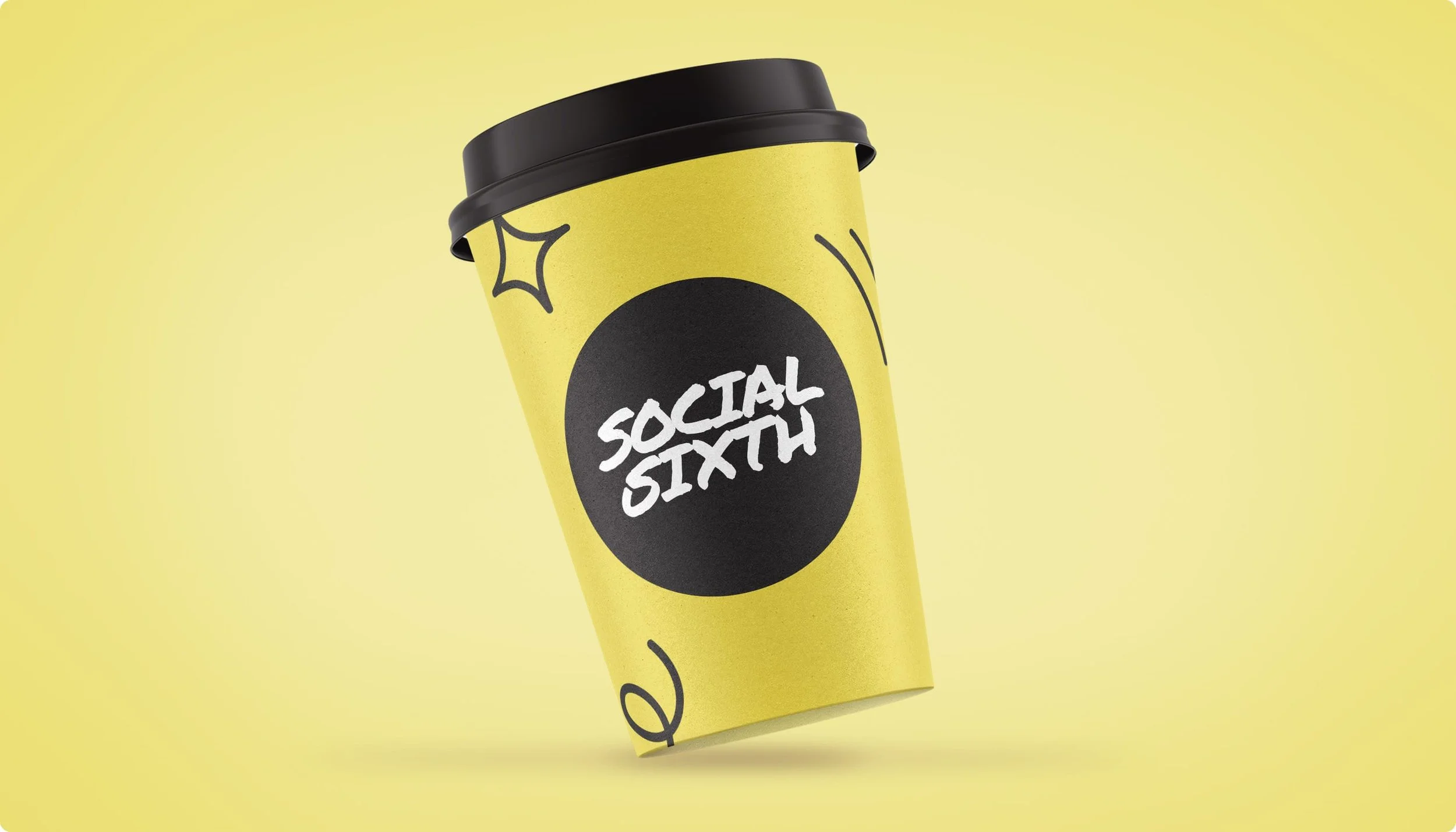 A yellow takeaway coffee cup with black lid, featuring the words 'Social Sixth' inside a black circle, on a yellow background.
