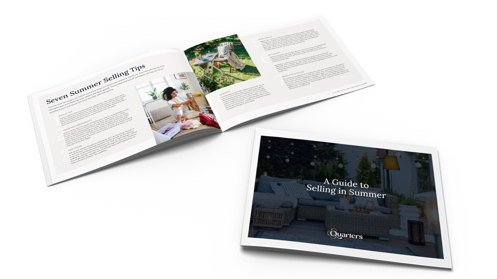 Open magazine titled "A Guide to Selling in Summer" with interior pages showing tips for summer sales and photos of outdoor furniture and a woman packing clothes.