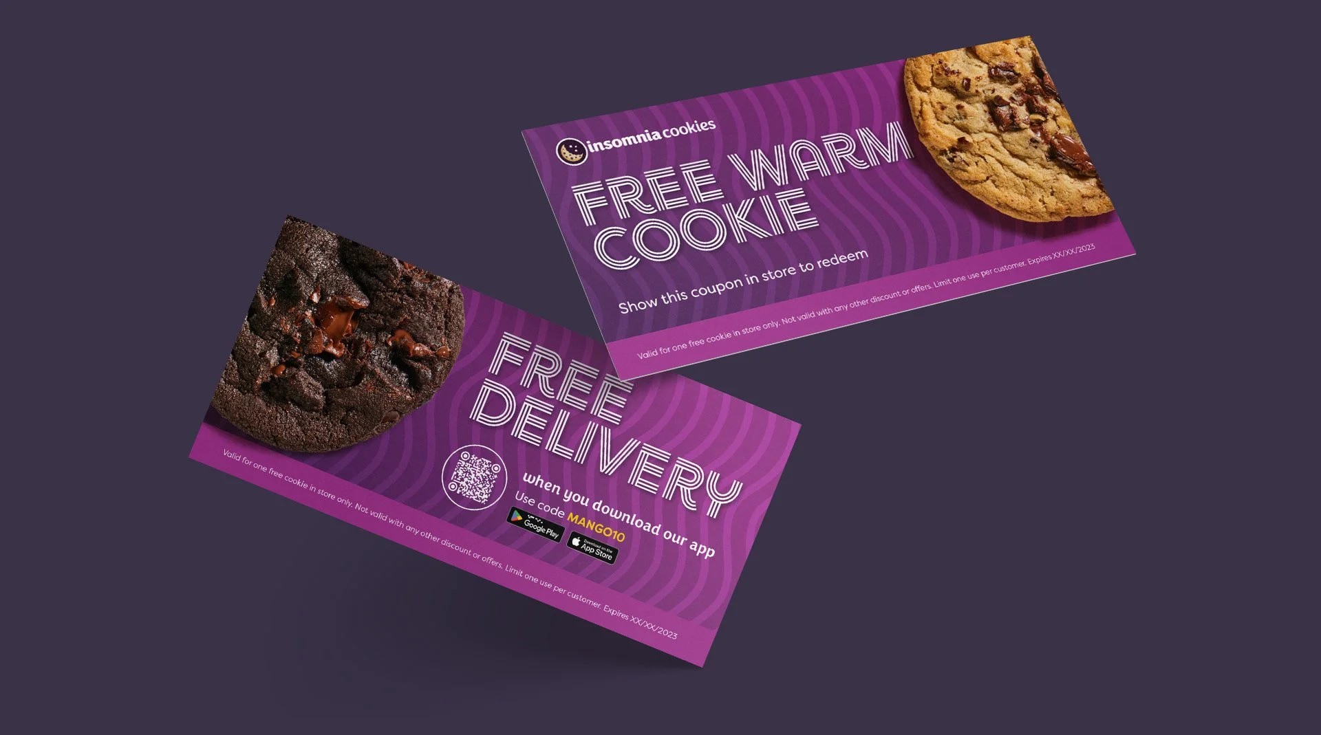 Two purple coupons for Insomnia Cookies featuring images of cookies; one with a chocolate chip cookie and the other with a double chocolate cookie.