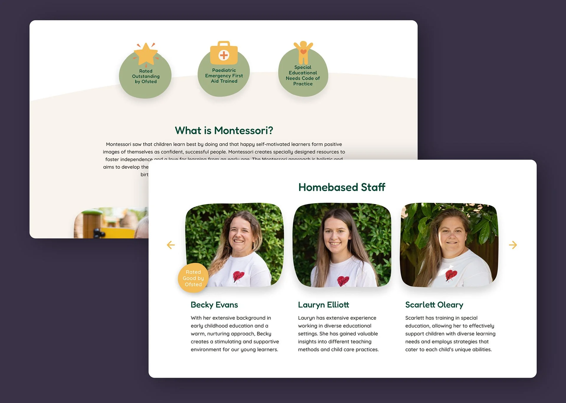 Screenshot of a website page about Montessori education featuring header text, images of children, and profiles of staff members.