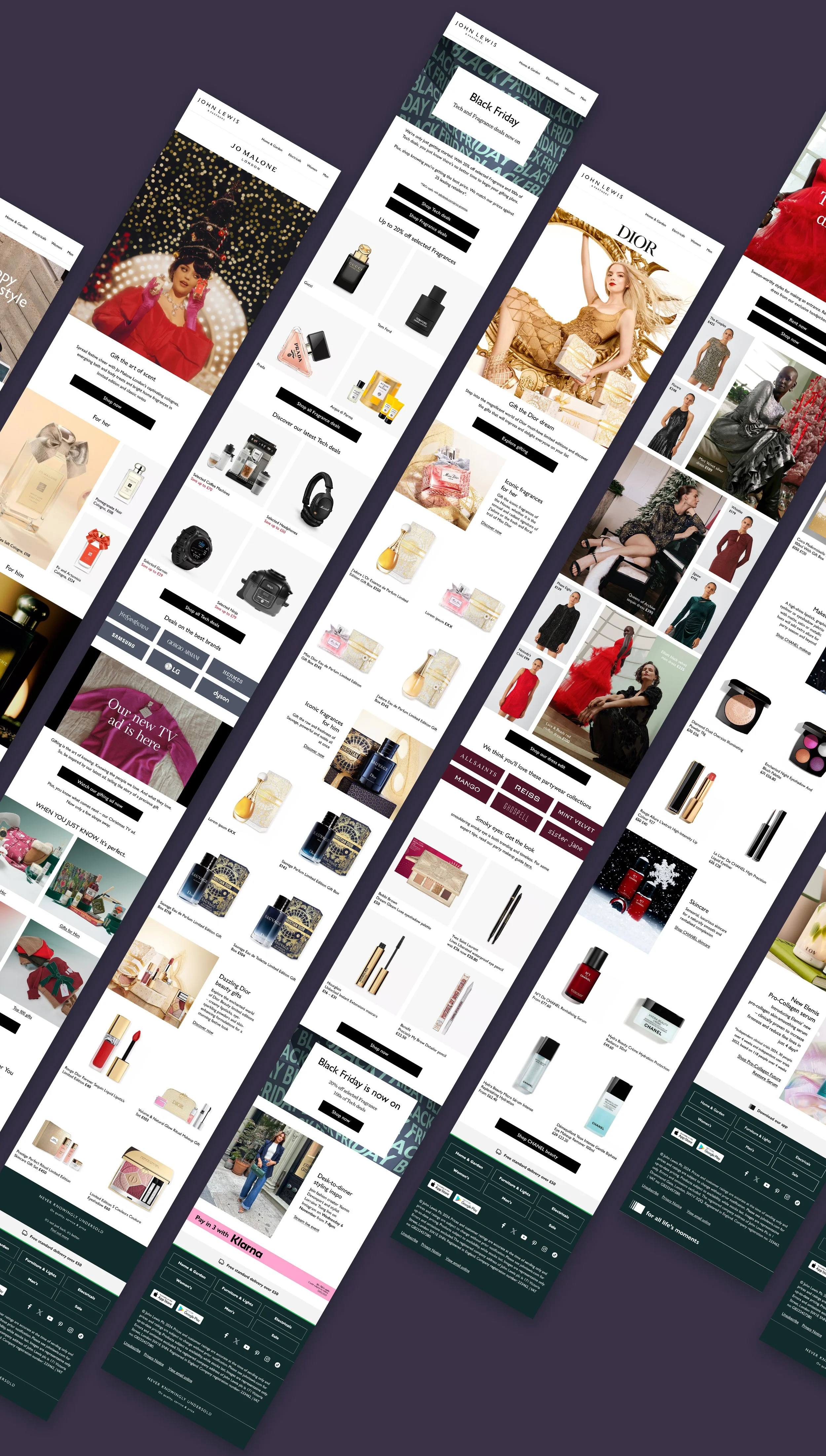 Collection of various John Lewis email designs screenshots displaying fashion, beauty, and fragrance products.