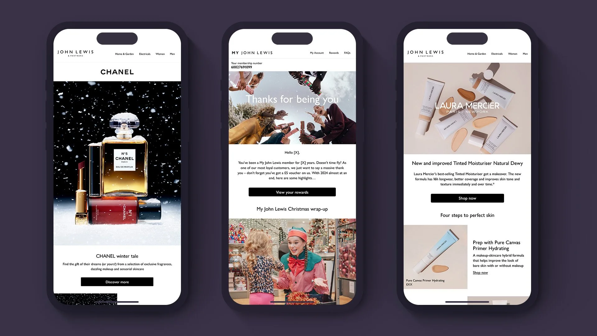 Three smartphone screens displaying different pages of a John Lewis & Partners online shopping website, featuring beauty products, Christmas greetings, and skincare items.
