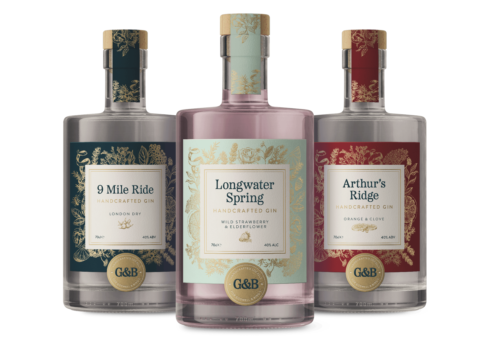 Three bottles of handcrafted gin with gold and colored botanical illustrations on the labels against a black background.