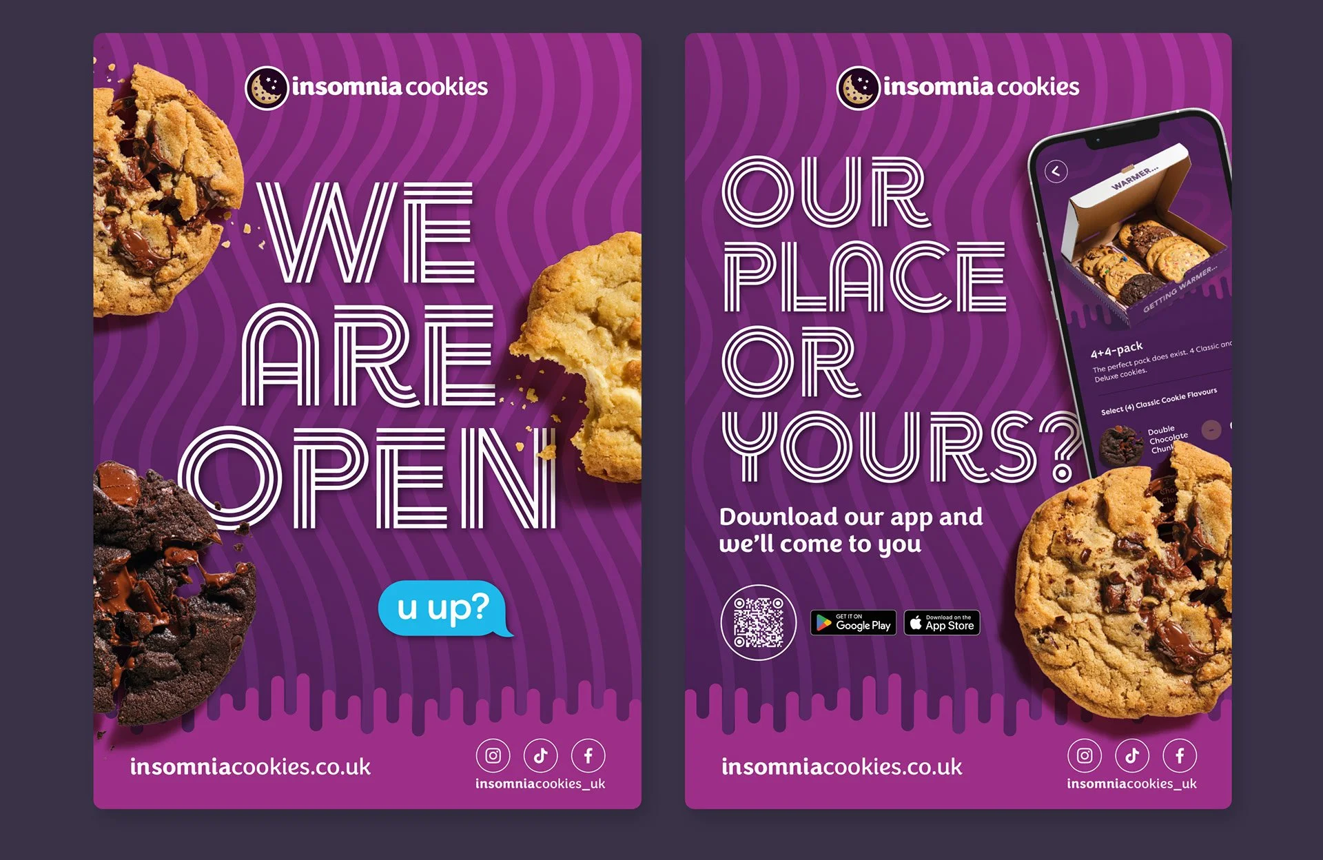 Promotional flyer for Insomnia Cookies featuring cookies and a smartphone displaying their app. The flyer has a purple background with wavy lines and includes text that asks if the viewer is open and if they are getting warm, encouraging app downloads.
