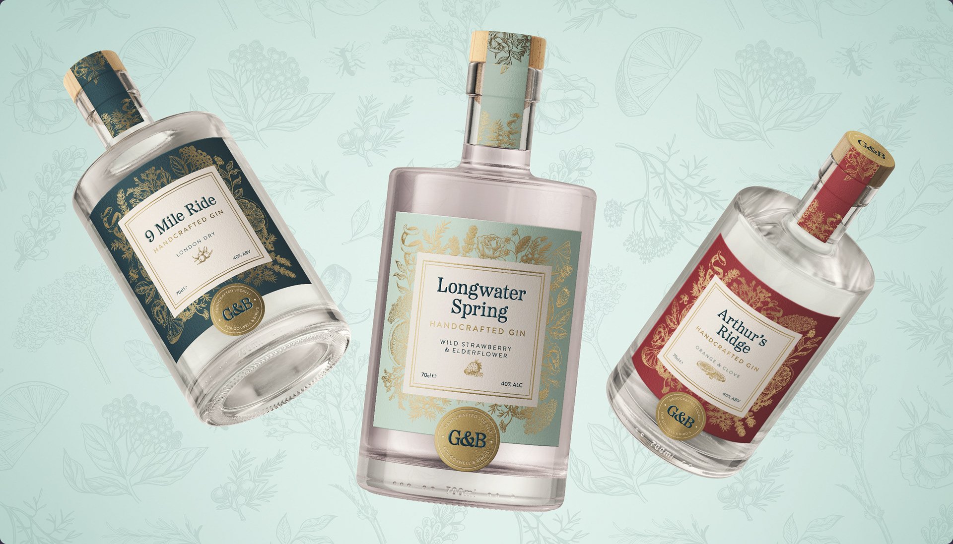 Three bottles of handcrafted gin with decorative labels, standing against a light green background with botanical illustrations.