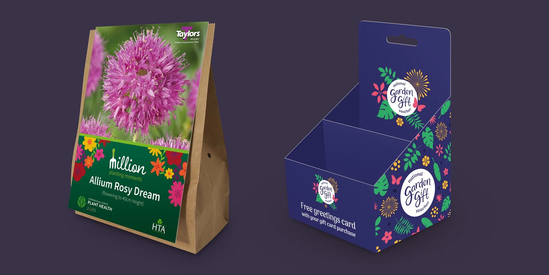 A flower seed packet next to a decorative gift box with a garden gift voucher inside.