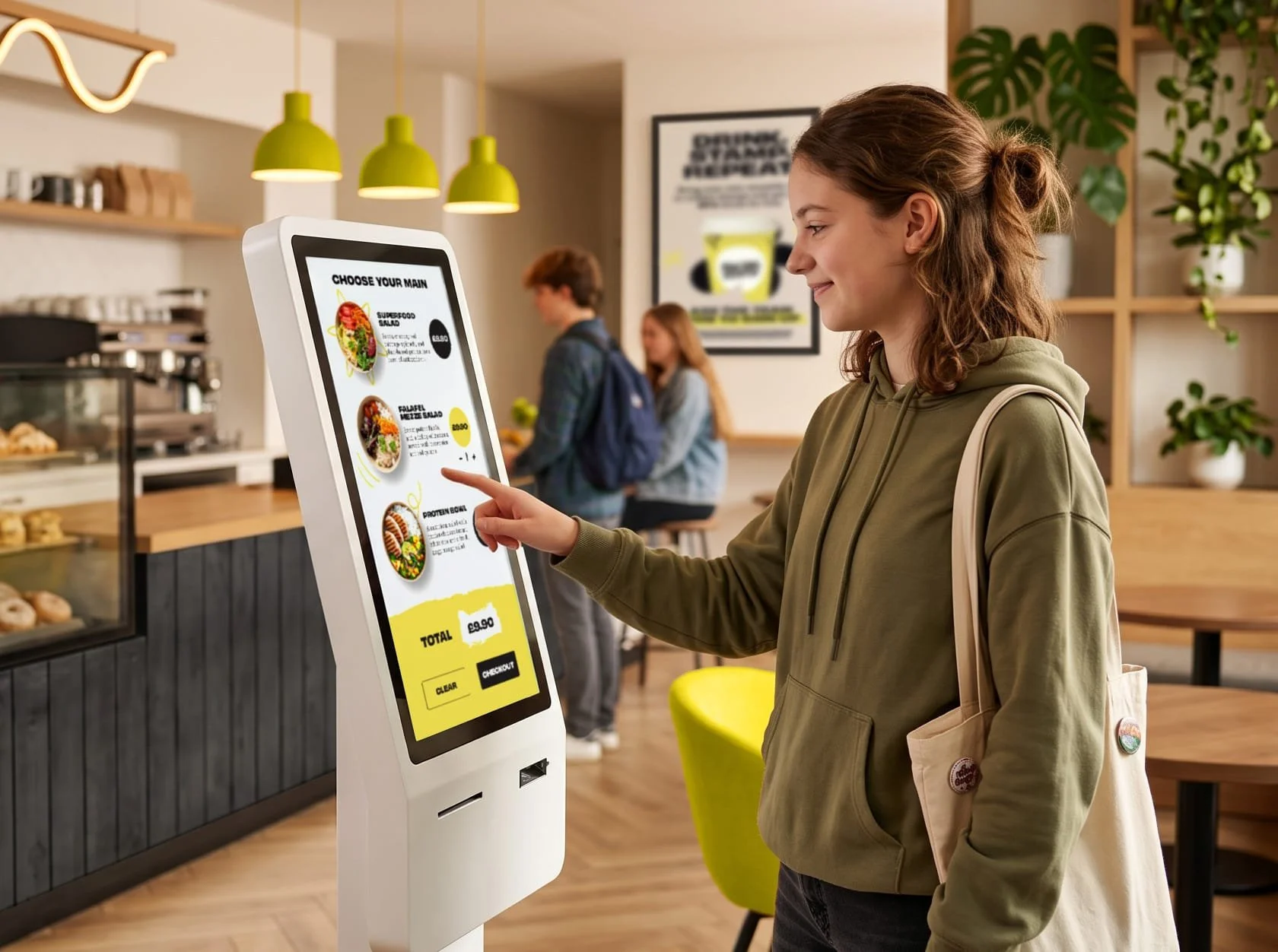 A student using a Social Sixth branded touch screen kiosk to order food at the café