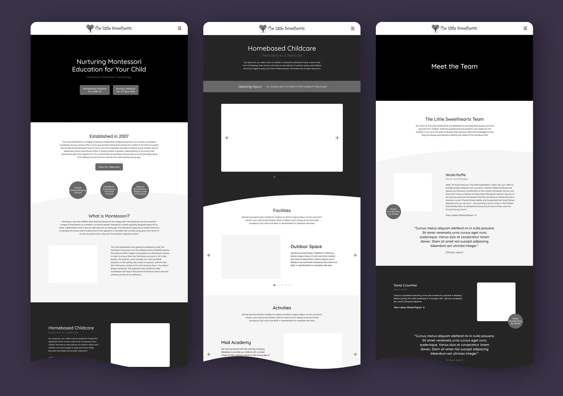 Screenshots of a website for The Little Sweethearts, a childcare center, showing pages about Montessori education, home-based childcare, team members, activities, and facilities.