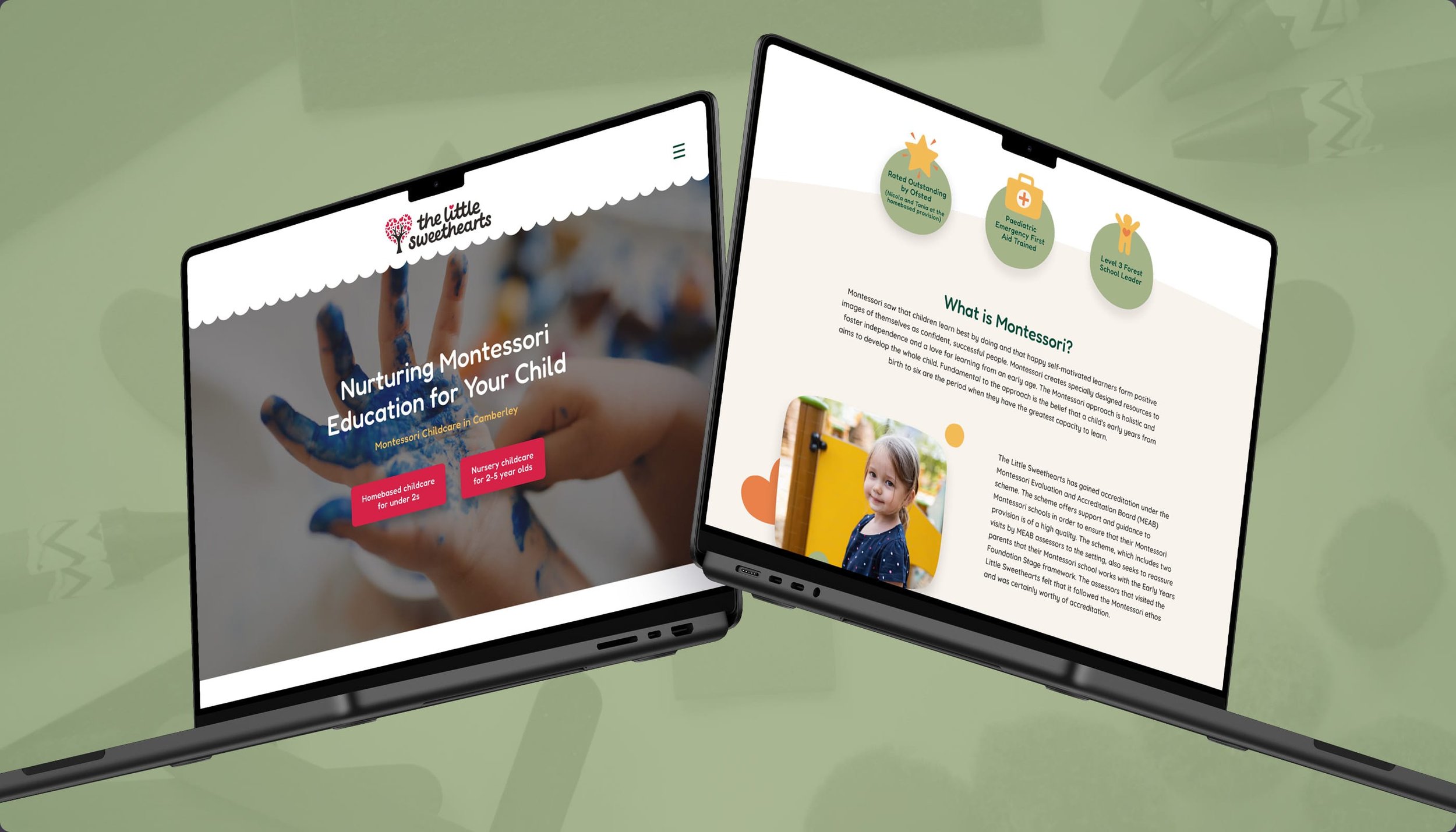 Two tablets displaying websites related to Montessori childcare. The left tablet shows a website titled 'Nurturing Montessori Education for Your Child' with a background image of a child's hand covered in blue paint. The right tablet shows a webpage explaining Montessori education, featuring a photo of a young girl and infographic icons at the top.
