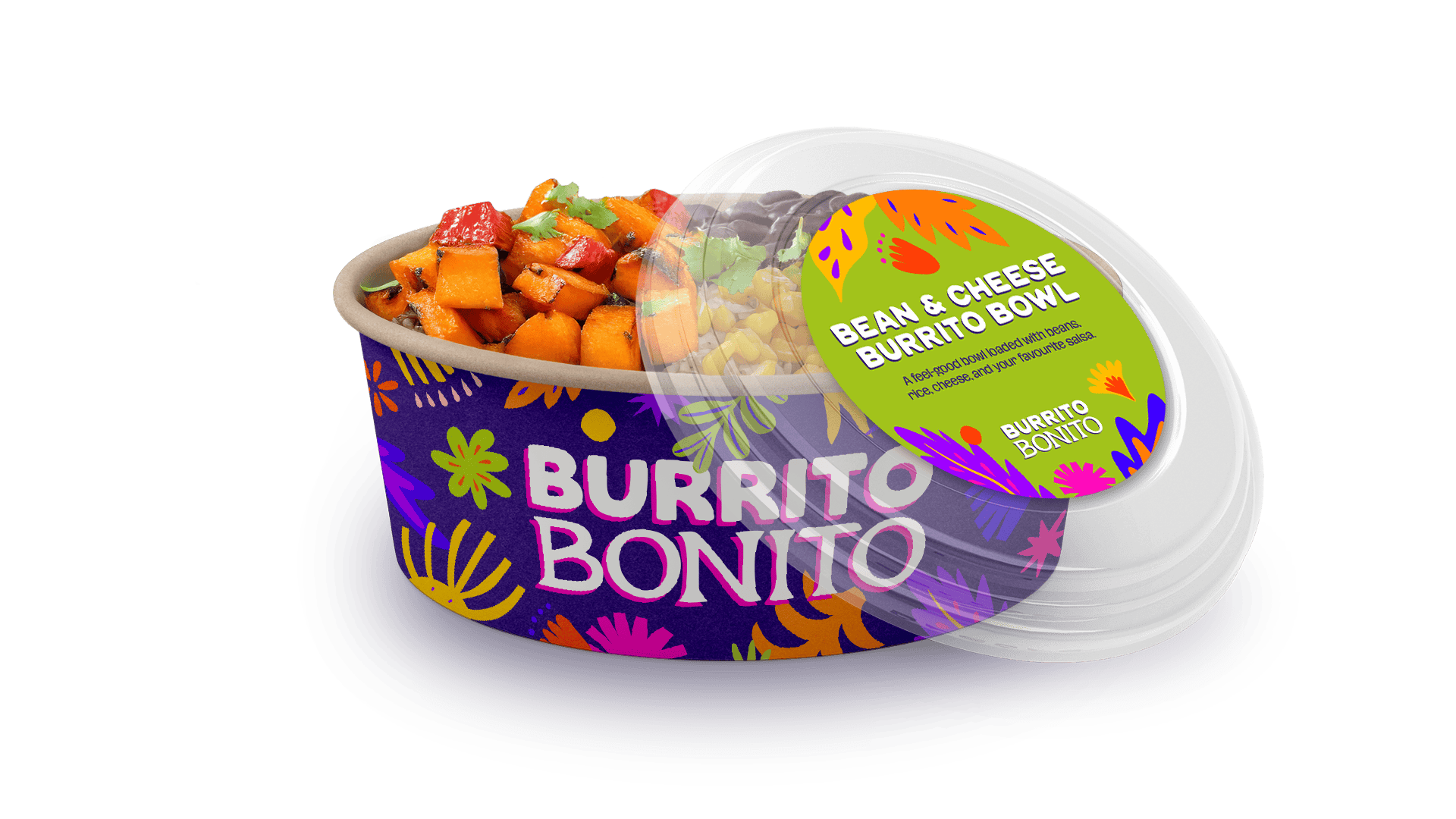 A bean and cheese burrito bowl mockup showing the colourful branding on the side of the takeaway packaging and a label that sticks onto the lid