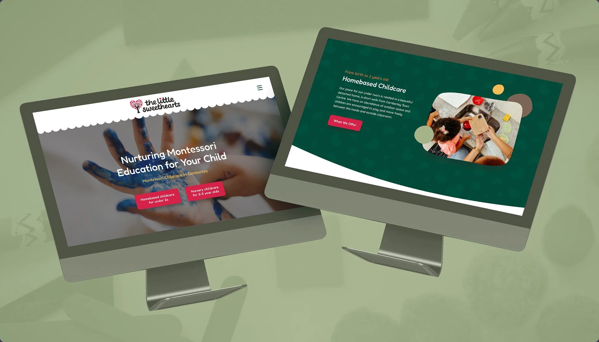 Two open laptops on a green surface displaying The Little Sweethearts website design, showing information about the nursery.
