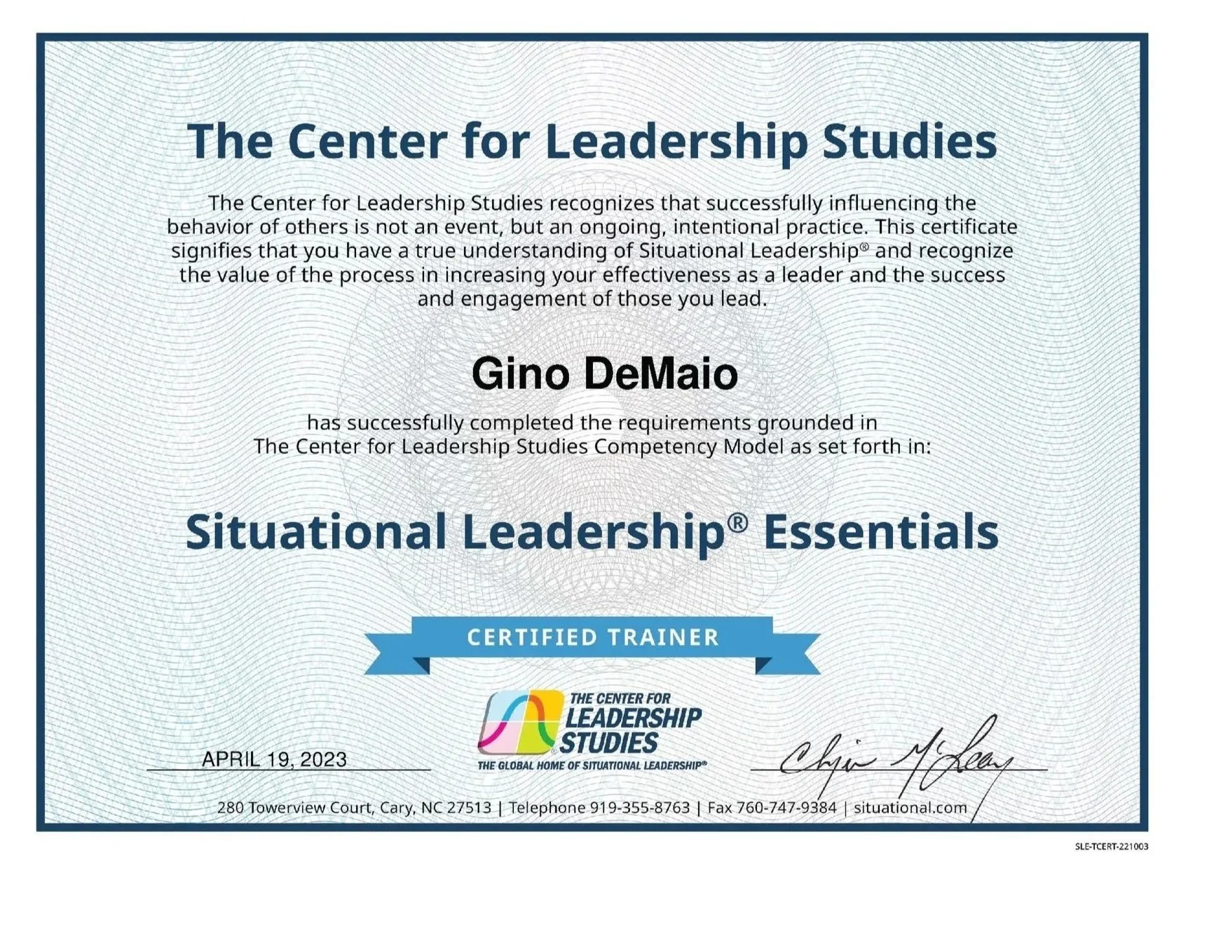 Certificate awarded to Gino DeMaio, recognizing completion of training in Situational Leadership® Essentials from The Center for Leadership Studies, dated April 19, 2023, with signatures and organizational logo.