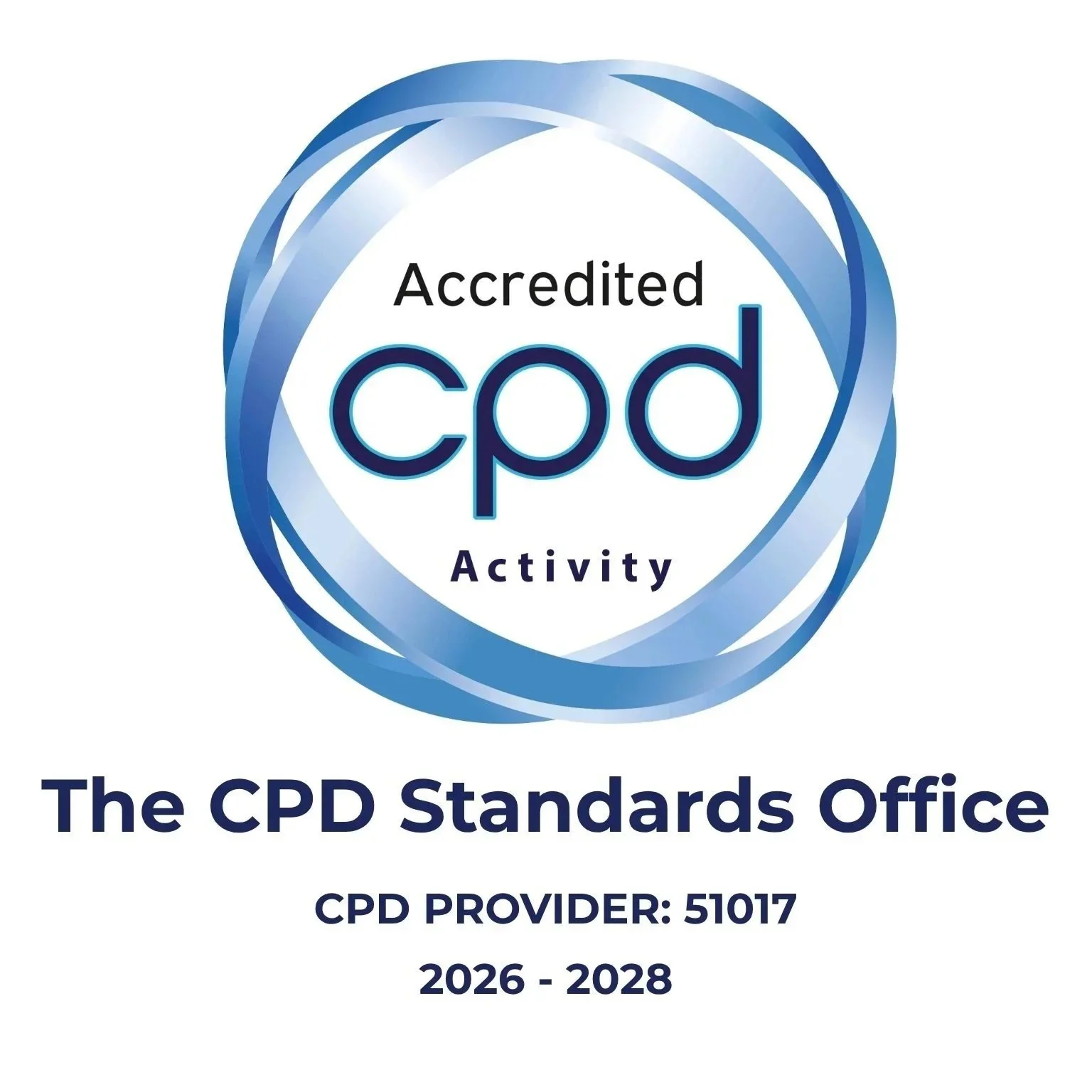 A certification badge displaying 'Accredited CPD Activity' with a blue circular ribbon design and text indicating 'The CPD Standards Office' and 'CPD Provider: 51017' for the years 2026-2028.