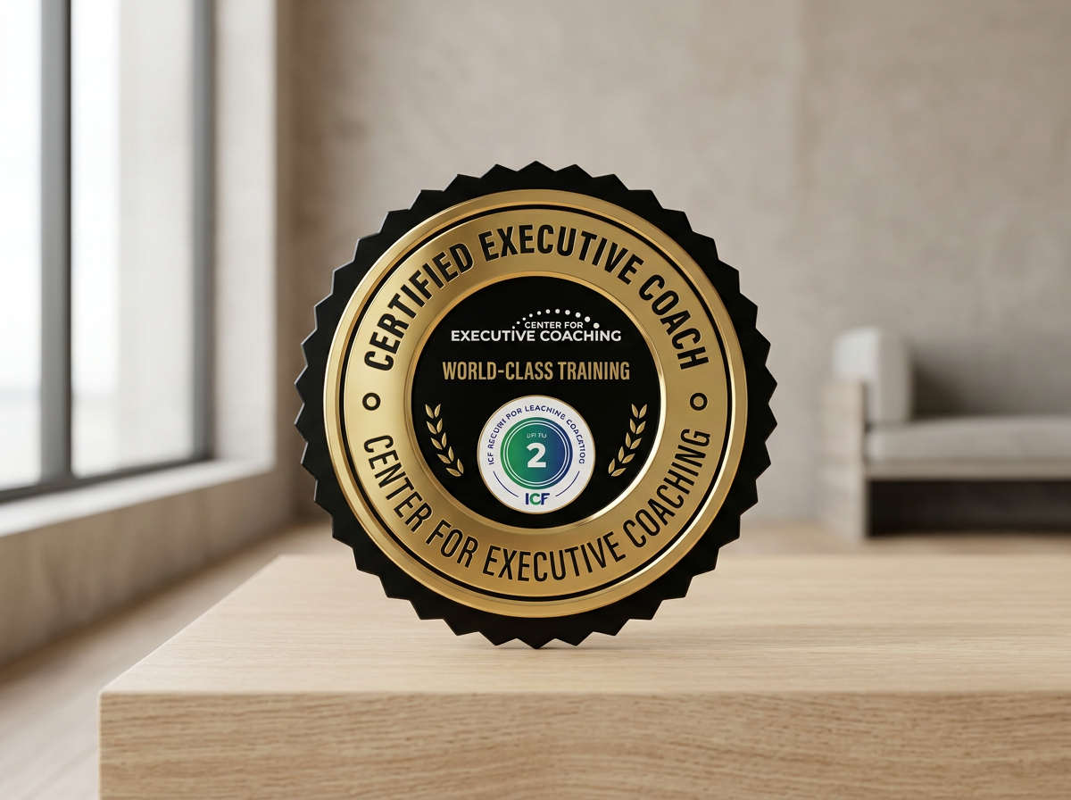 A circular gold and black badge with the text "Certified Executive Coach" and "Center for Executive Coaching" around the edges, and the words "World-Class Training" in the center, placed on a light wooden surface in a modern room.