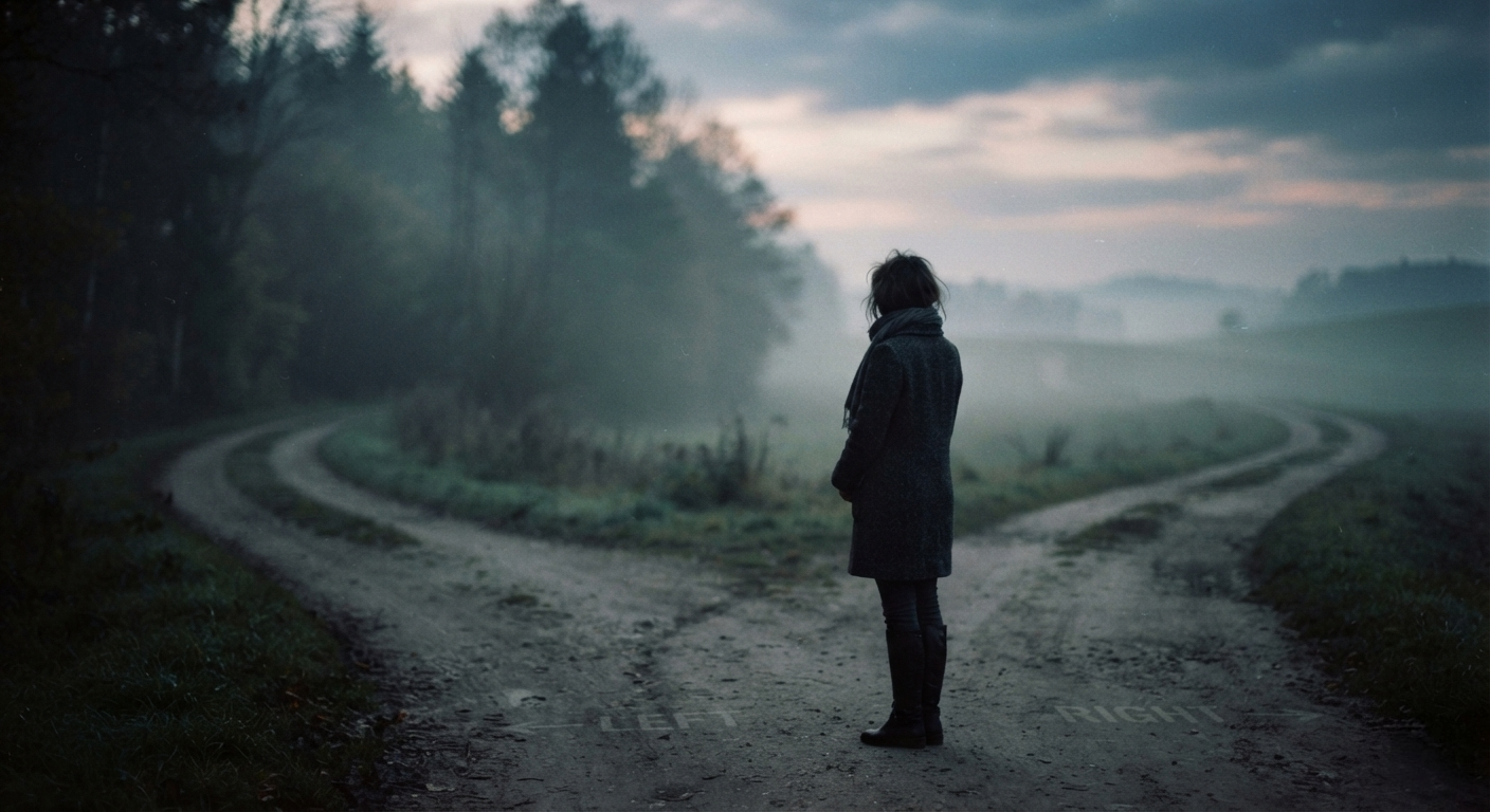A person stands at a fork in a dirt road surrounded by trees and fog, with overcast sky.