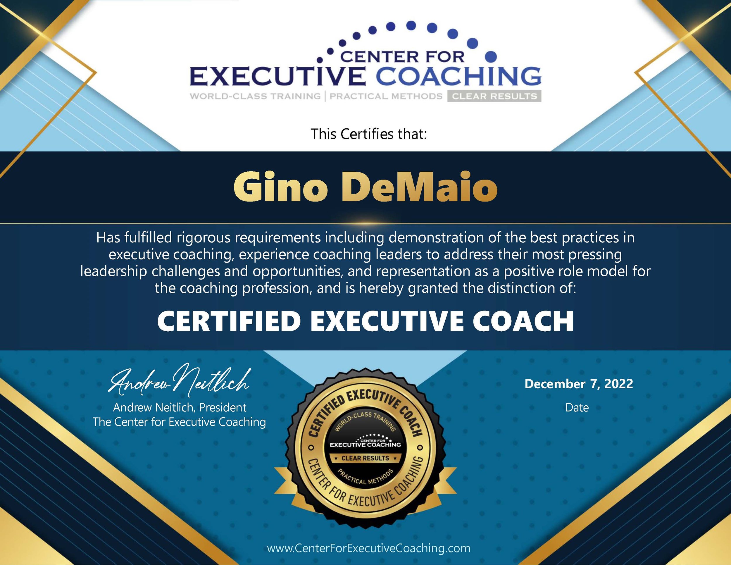 A certificate from the Center for Executive Coaching awarded to Gino DeMaio, dated December 7, 2022, with a gold and black seal indicating certification as a Certified Executive Coach.