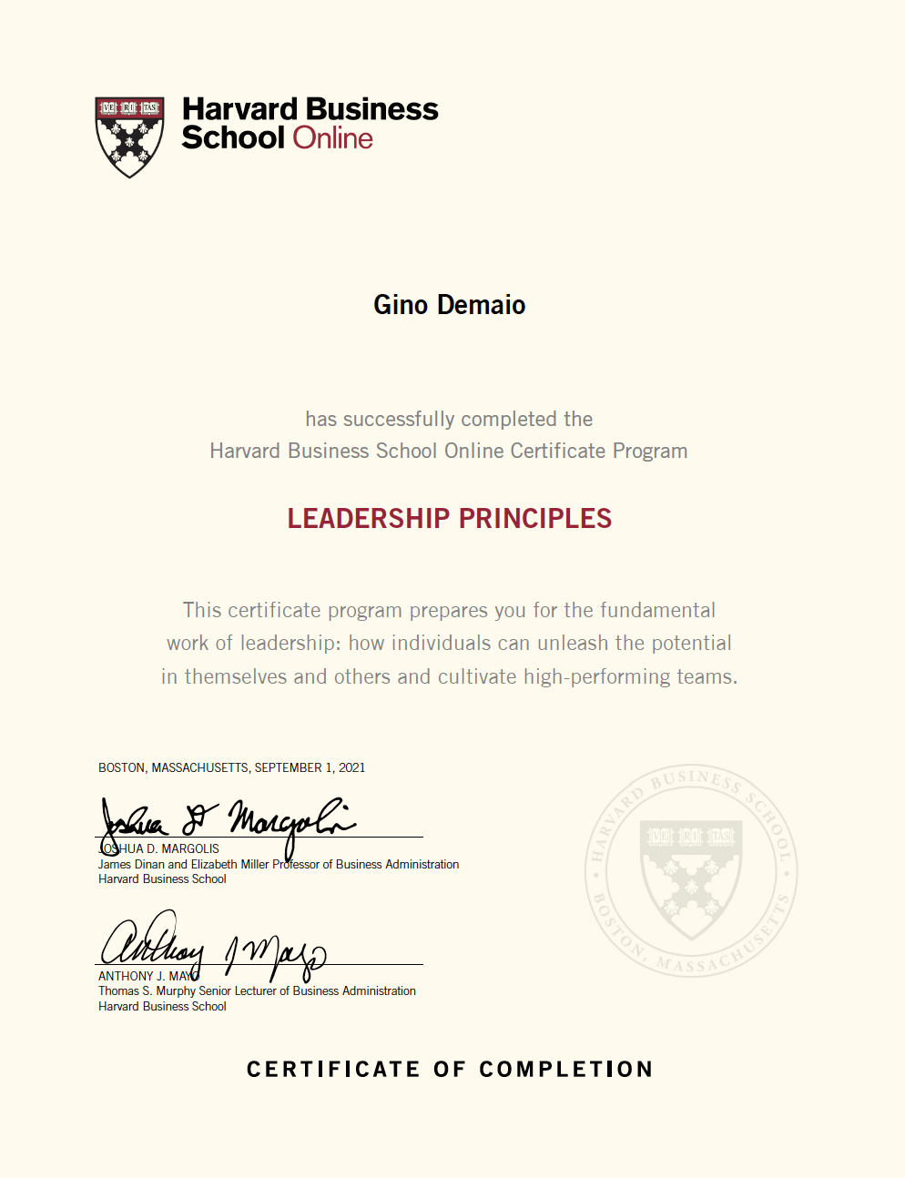 Harvard Business School Online certificate for Gino Demaio in Leadership Principles, dated September 1, 2021, with signatures and Harvard seal.