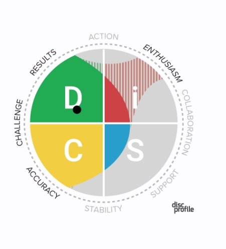A circular DISC profile chart divided into four quadrants labeled D, I, S, and C, representing different personality traits.