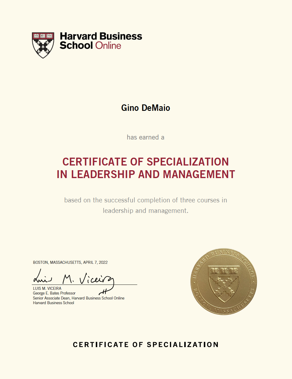 Harvard Business School Online certificate of specialization in leadership and management issued to Gino DeMaio, dated April 7, 2022, with signature and gold seal.