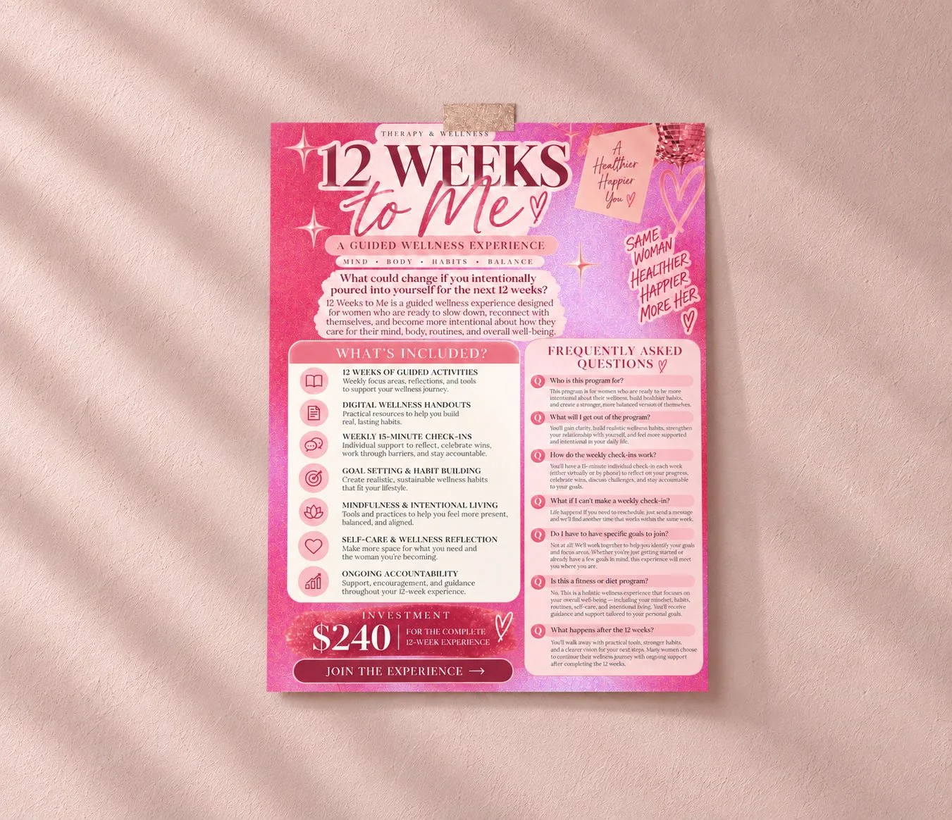 Pink promotional flyer titled "12 Weeks to Me" offering a guided wellness experience for women, including activities, handouts, check-ins, goal setting, mindfulness, reflection, and accountability, with a price of $240 and a call-to-action button labeled "Join the experience."