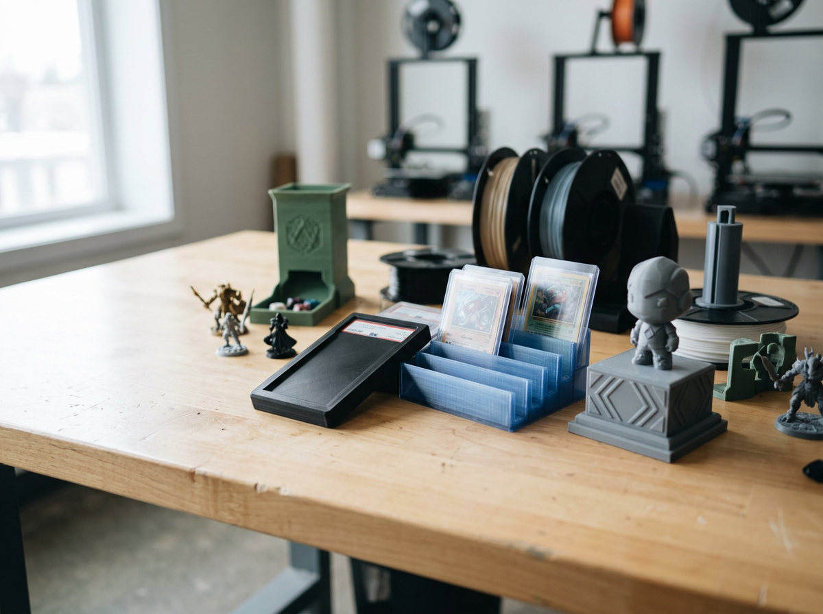 Table with various items for hobbies or work, including 3D printer spools, miniature figures, trading cards, and storage containers.