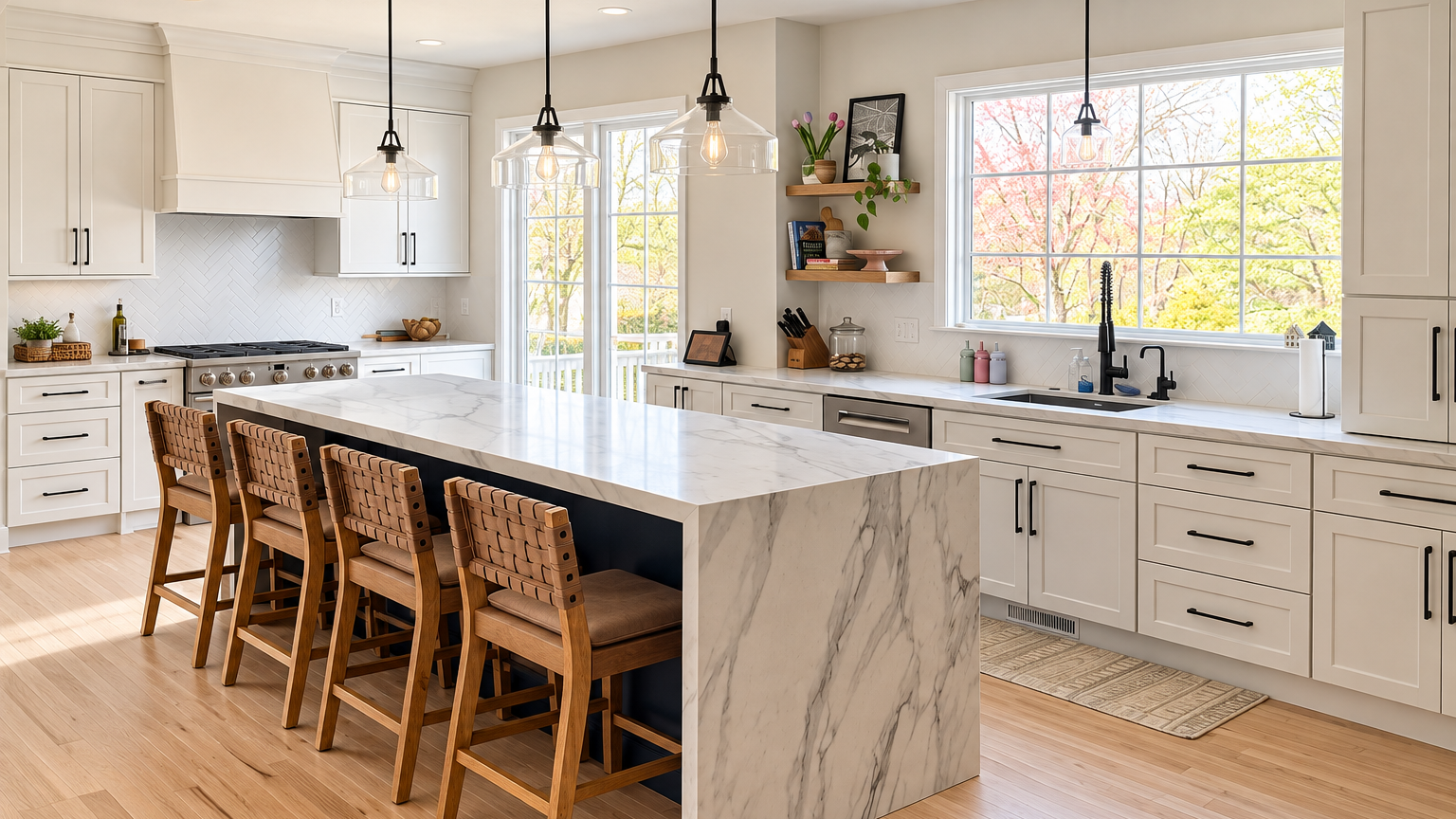 A modern kitchen with white cabinets, a large marble island with seating, pendant lights, and large windows with a view of trees with fall foliage.