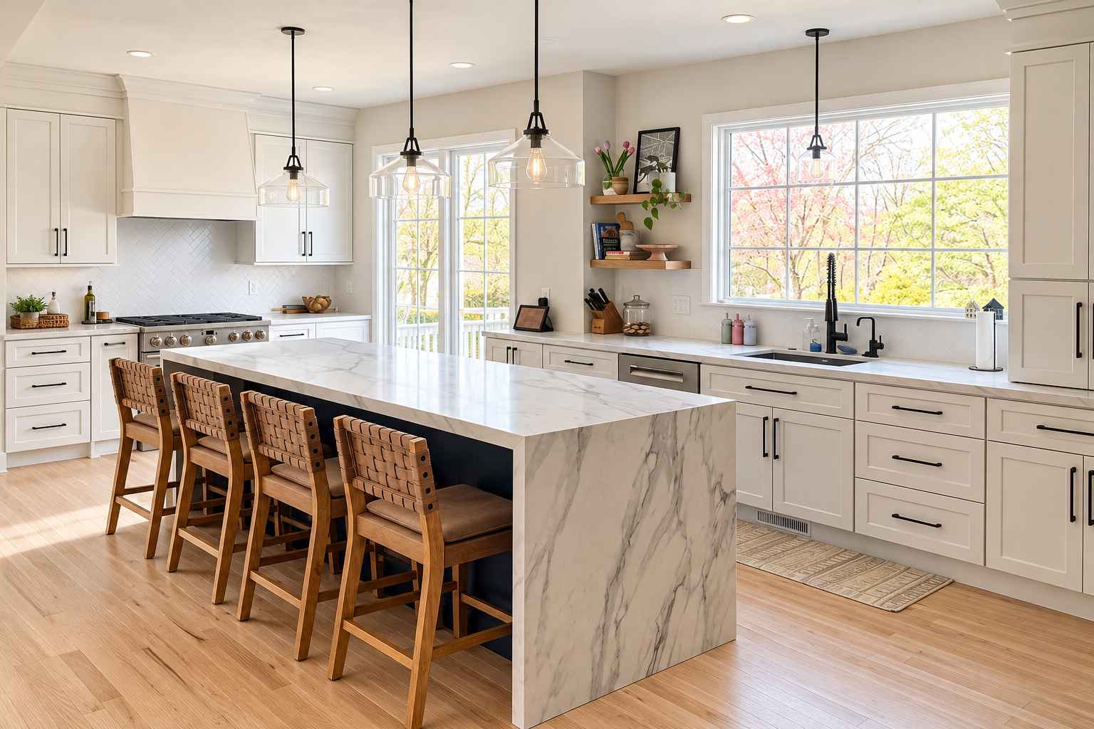Modern kitchen with white cabinets, a marble island, and wooden stools, large window with autumn trees outside, pendant lights above island, and open shelving.