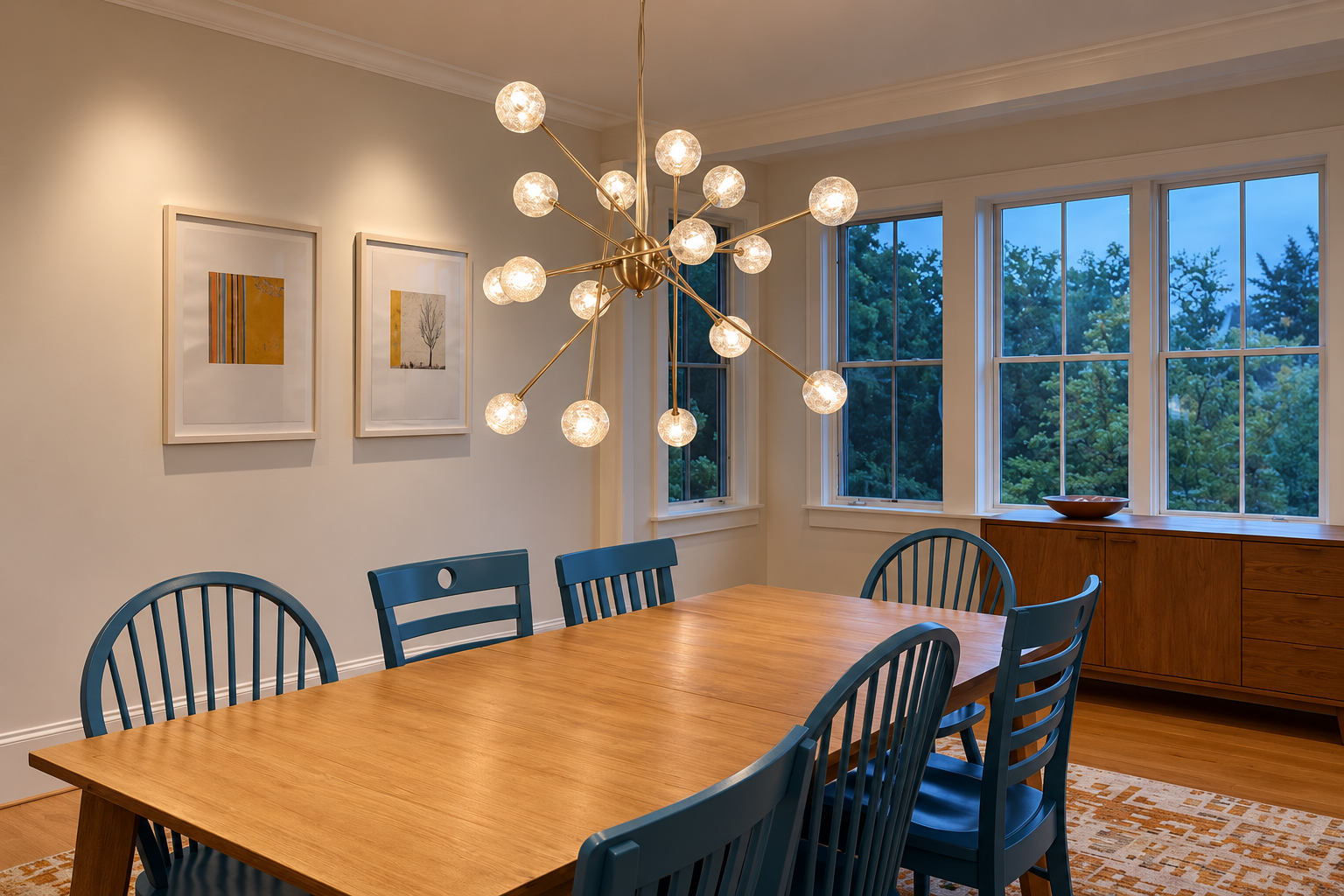 A dining room with a wooden table, six blue chairs, artwork on the wall, a large modern chandelier, large windows showing trees outside, a wooden sideboard with a bowl, and a patterned rug.