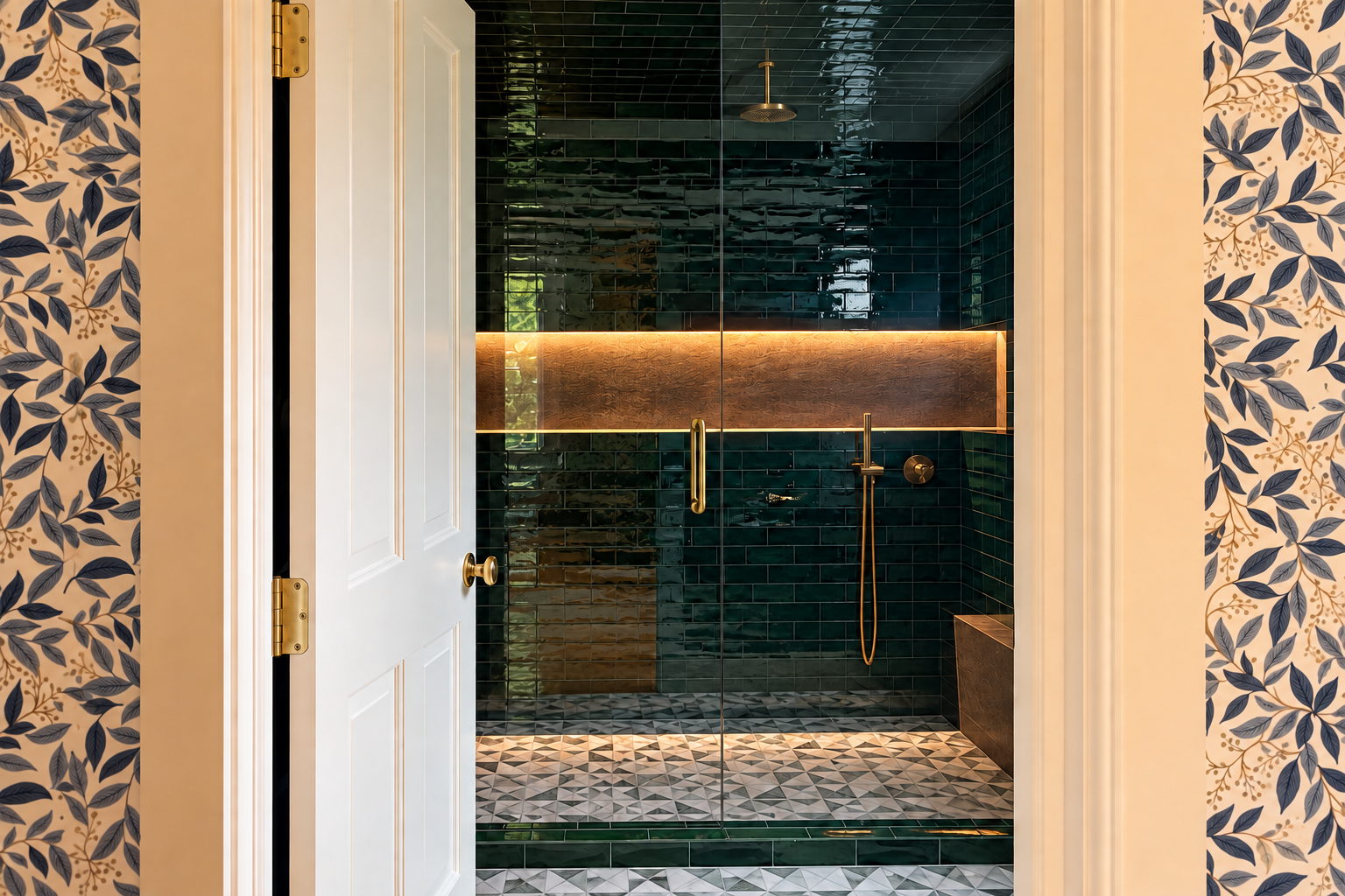 A modern glass-enclosed shower with dark green tiles, gold fixtures, and patterned floor tiles, seen through an open white door with floral wallpaper on the sides.