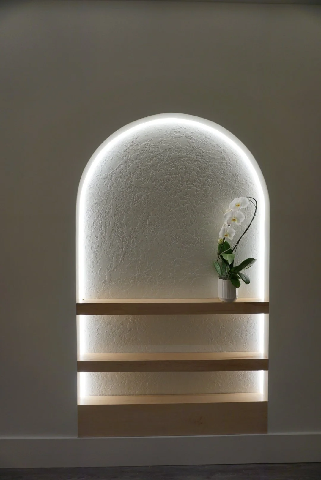 Minimalist wall shelf with a potted white orchid flower and backlit arched niche with textured wall