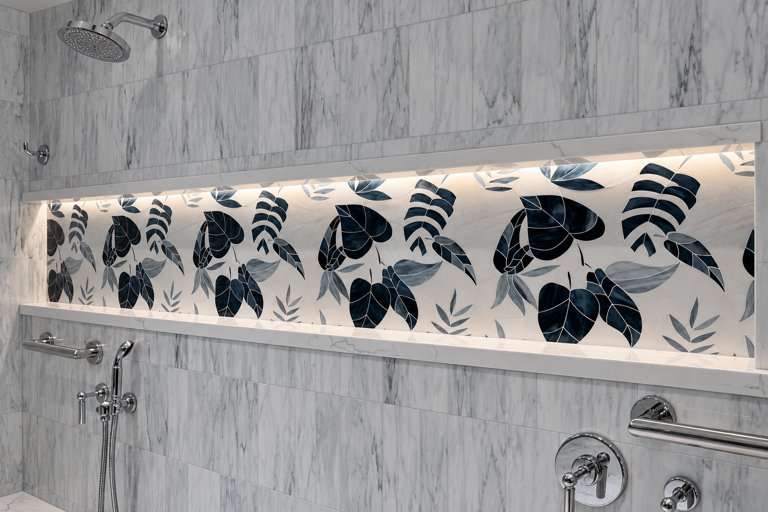 Shower area with marble walls, featuring a decorative inset with black, gray, and white leaf patterns, and chrome fixtures for the showerhead, hand shower, and controls.