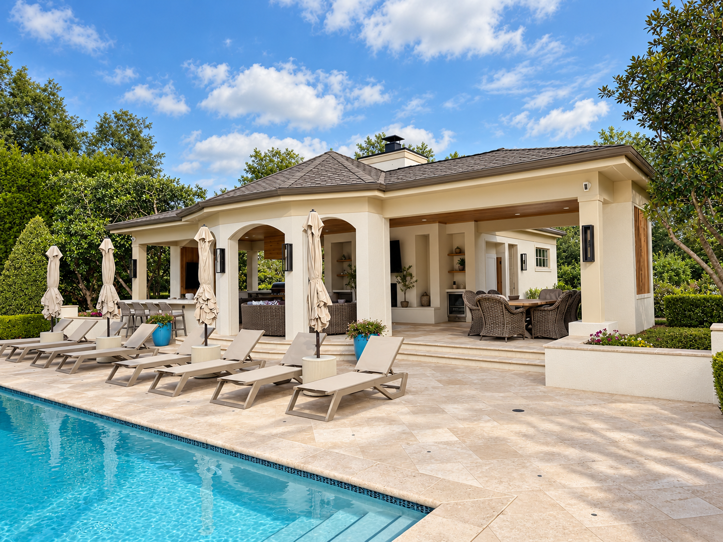 Luxury backyard with swimming pool, lounge chairs, umbrellas, outdoor seating, and a covered patio area surrounded by green trees and a bright blue sky.