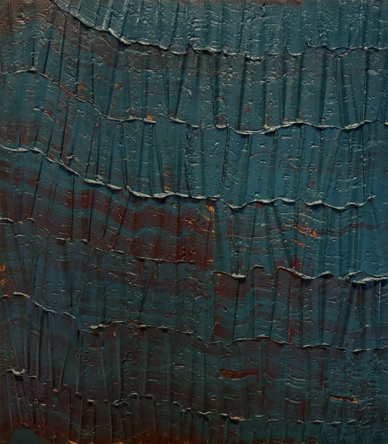 Sediment # 25 (Verdigris), 2026 oil and volcanic stone dust on wood panel 30 x 34 x 1 1/4 in