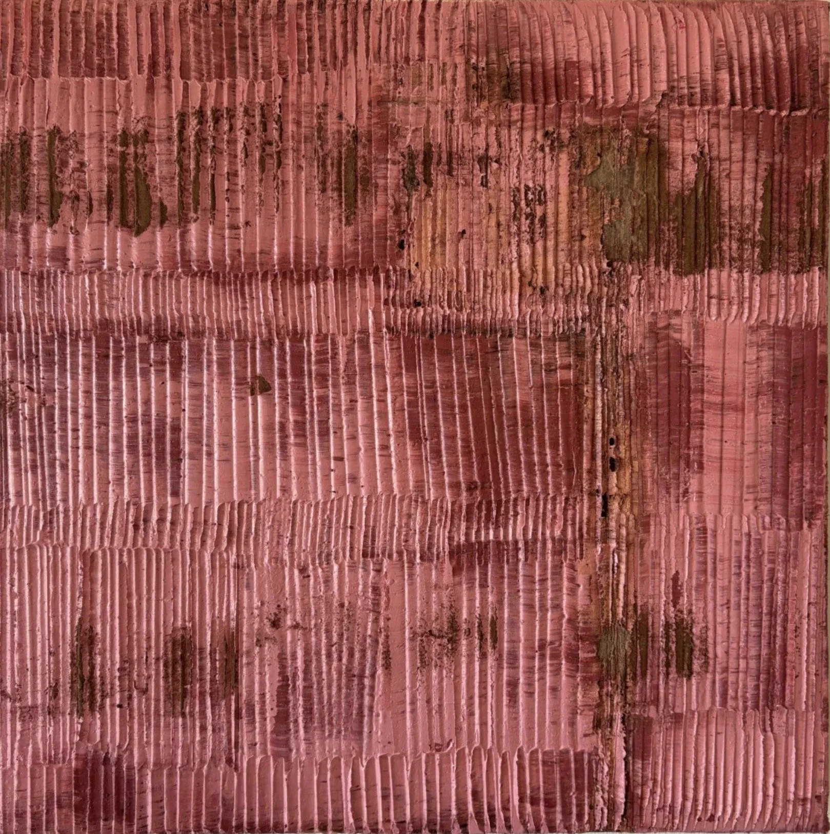Sediment # 1 (Ferric Pink), 2026 oil and volcanic stone dust on canvas over wood panel 22 x 22 x 1 3/4 in