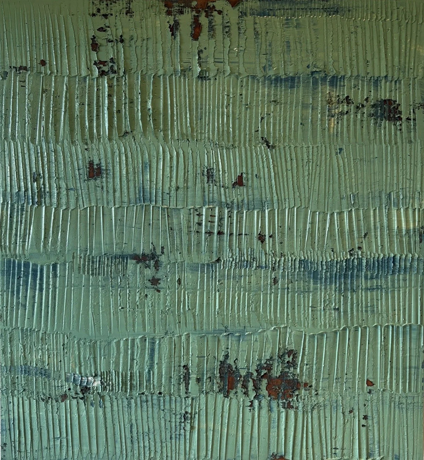 Sediment # 10 (Green), 2026 oil and volcanic stone dust on wood panel 36 x 39 x 1 1/2 in