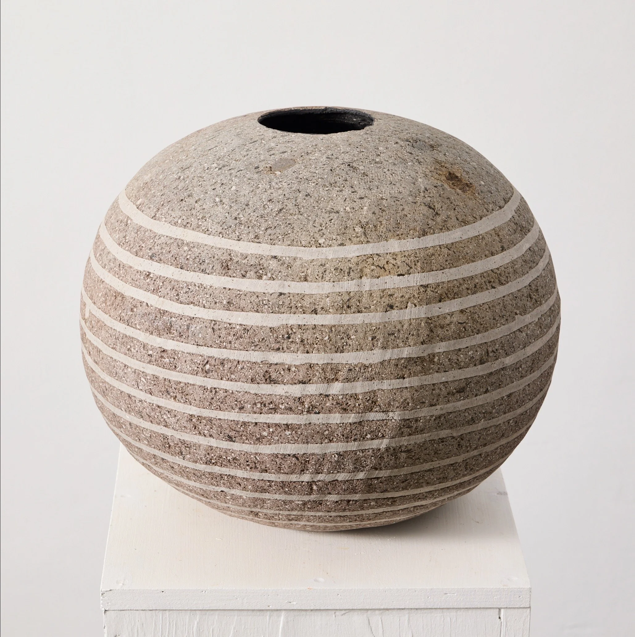 Inside Out (natural), 2025 volcanic stone (hollow), stone dust and acrylic approx 13 x 14 in (47in circ.) 58lbs