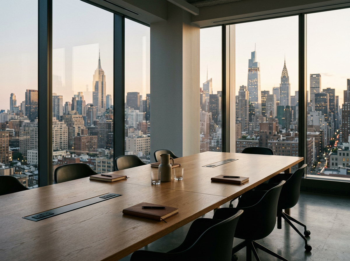 Modern conference room with a wooden table, black chairs, and a New York city skyline visible through large floor-to-ceiling windows.