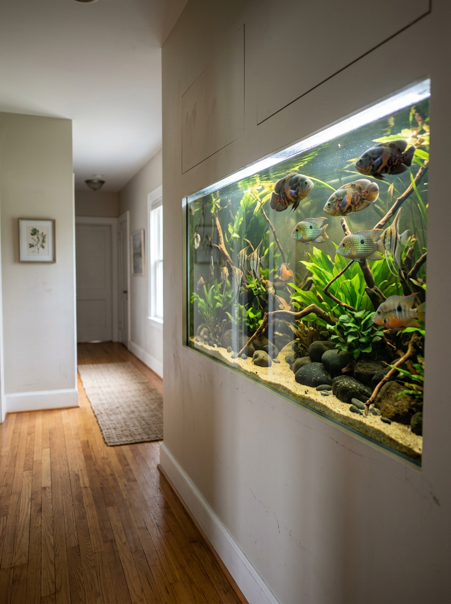 An indoor decorative fish tank built into a wall in a home, with several colorful fish swimming among green aquatic plants and rocks.