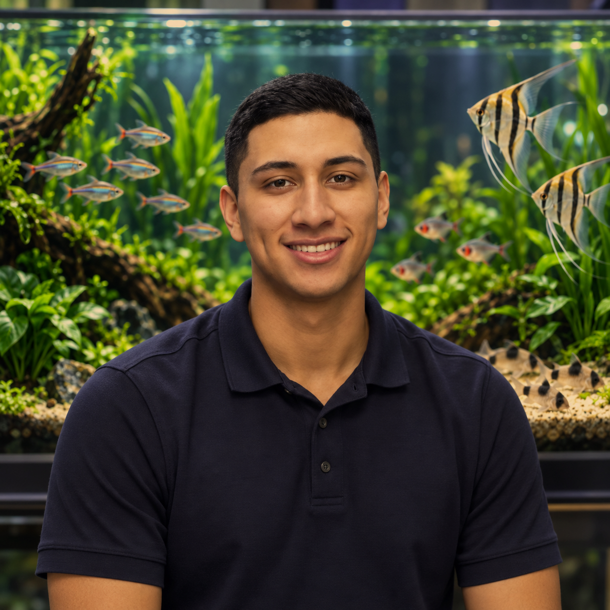 Young man with short dark hair smiling in front of an aquarium filled with colorful fish and green aquatic plants.