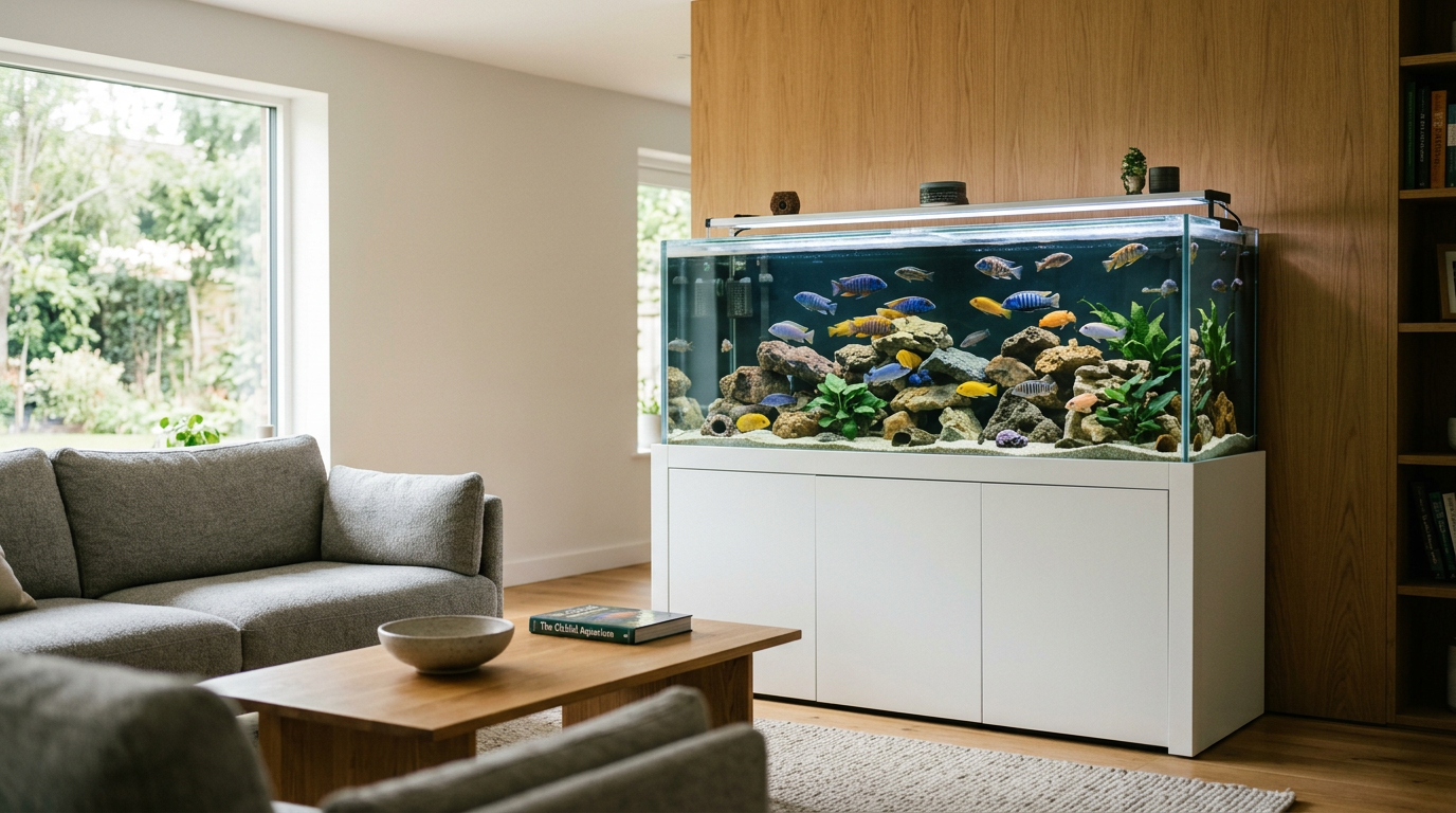 Modern living room with a large fish tank filled with colorful fish and rocks, next to a sofa and coffee table.