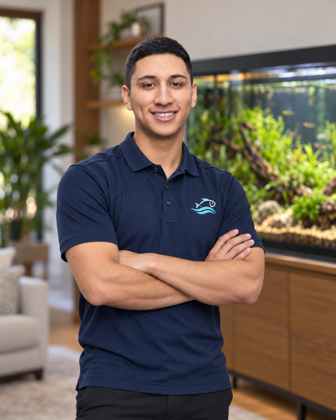 Young man in navy blue polo shirt with a fish logo, standing with arms crossed in front of a large aquarium in a well-lit room with plants and furniture.