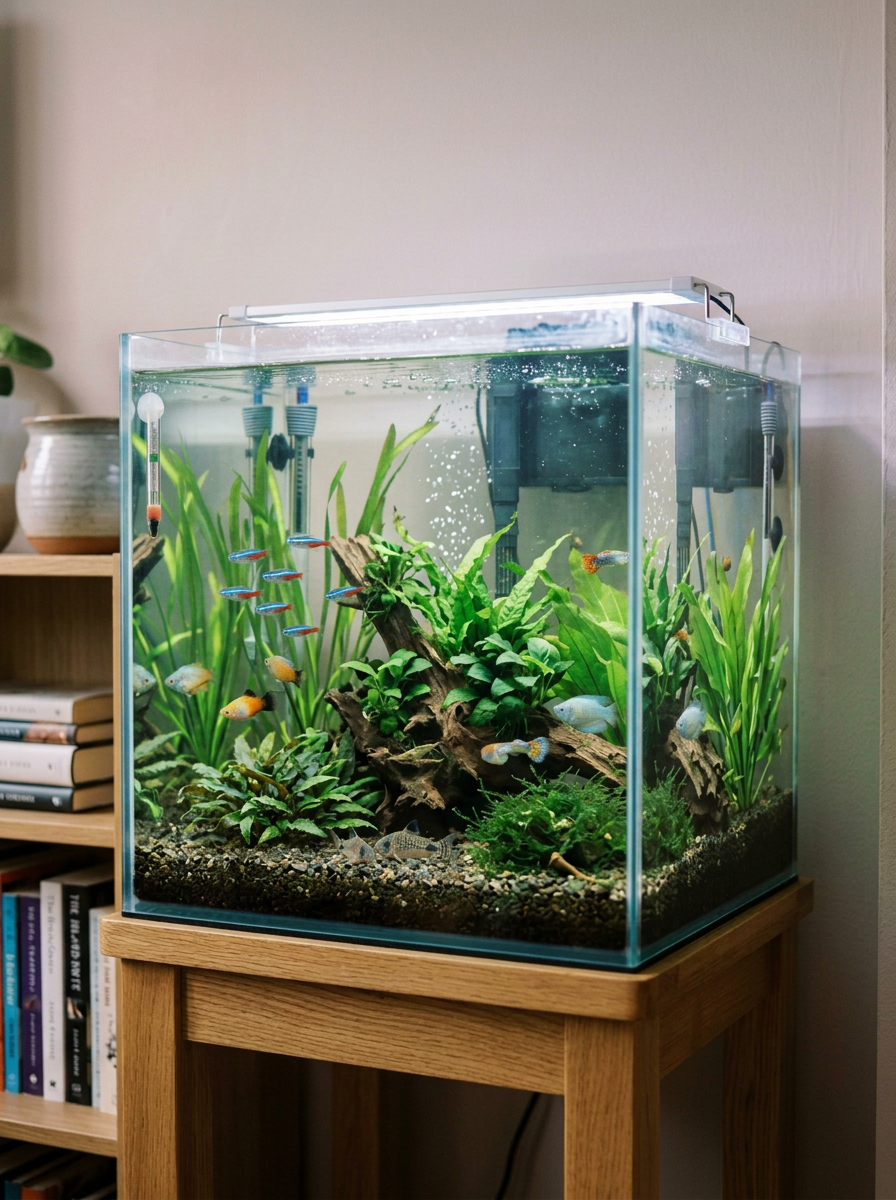 An indoor aquarium filled with water, aquatic plants, and small fish, placed on a wooden stand next to a bookshelf.