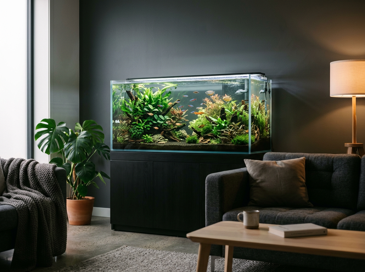 Living room with a large fish tank on a black cabinet, a grey couch with pillows, a wooden coffee table with a cup and book, a potted plant, and a floor lamp.